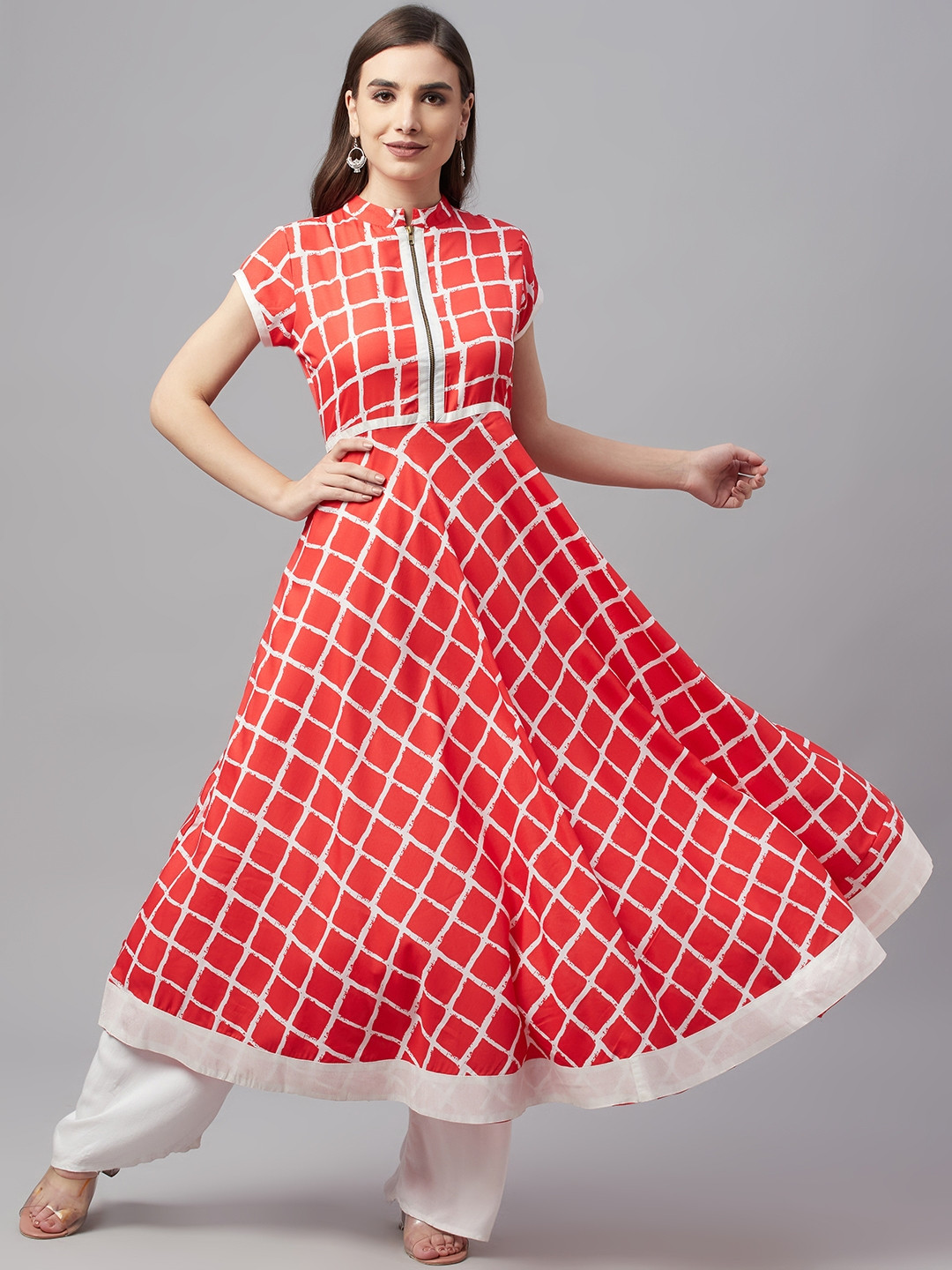 MBE Women Orange & White Printed Pastels Crepe Anarkali Kurta