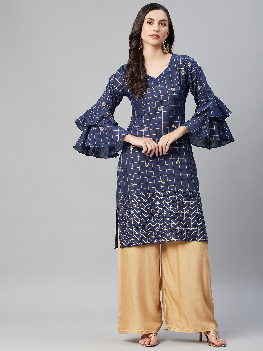 MBE Women Navy Blue Bell Sleeves Cotton Kurta