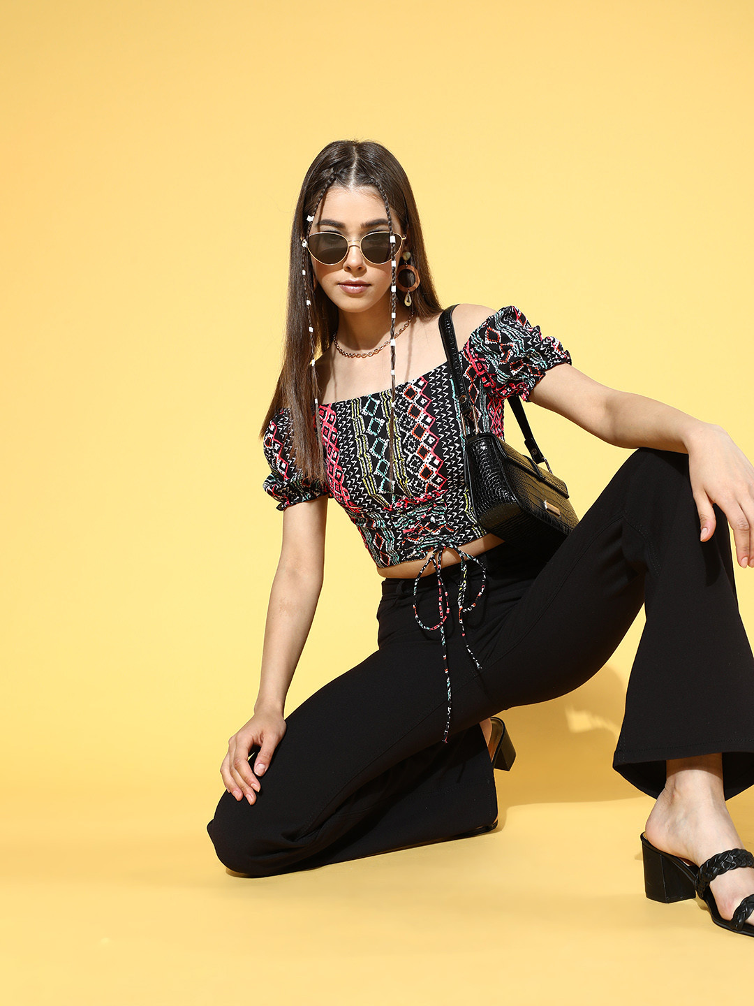 U&F Women Stylish Black Geometric Volume Play Top