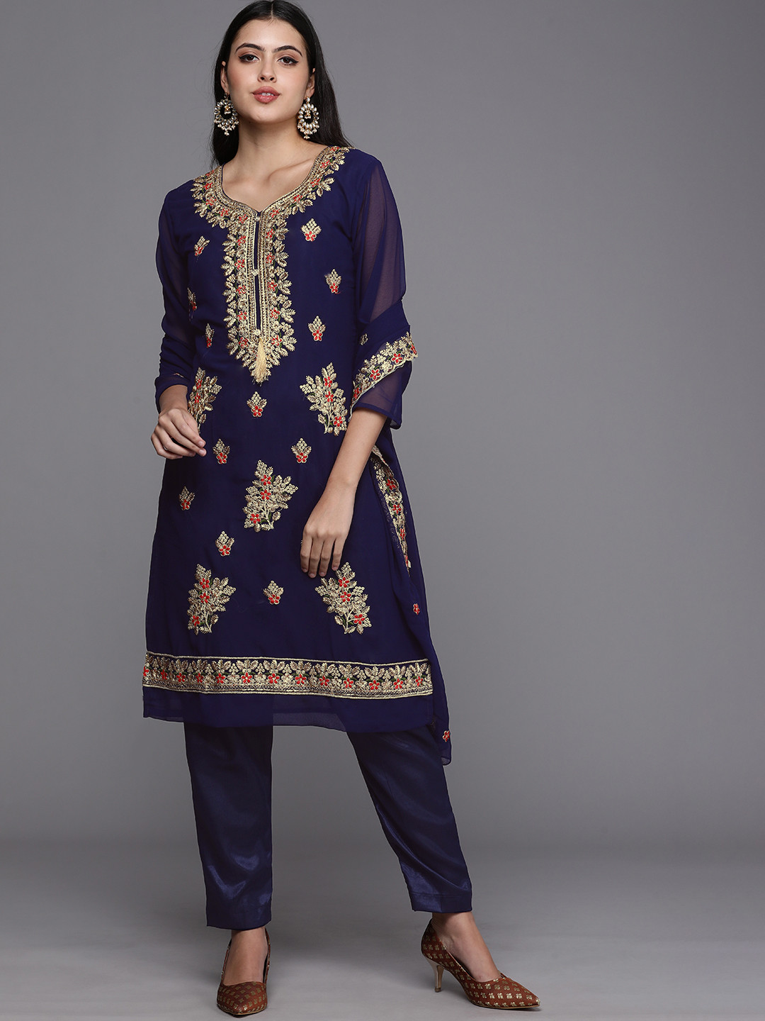 Mitera Navy Blue & Gold-Toned Embroidered Unstitched Dress Material