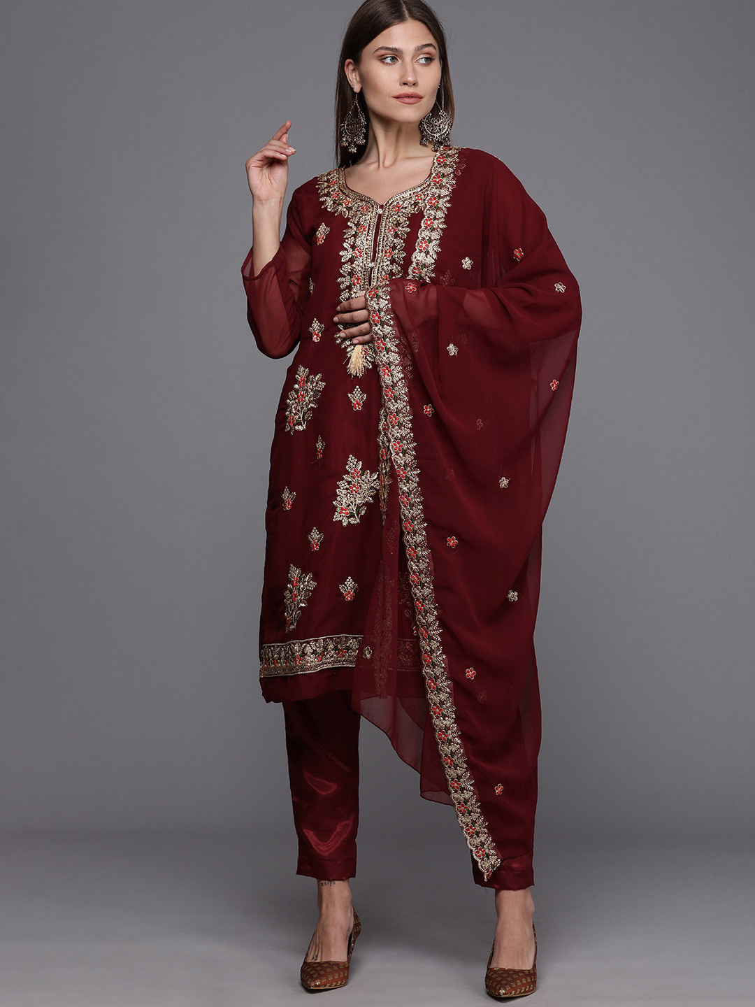 Mitera Maroon Embroidered Unstitched Dress Material
