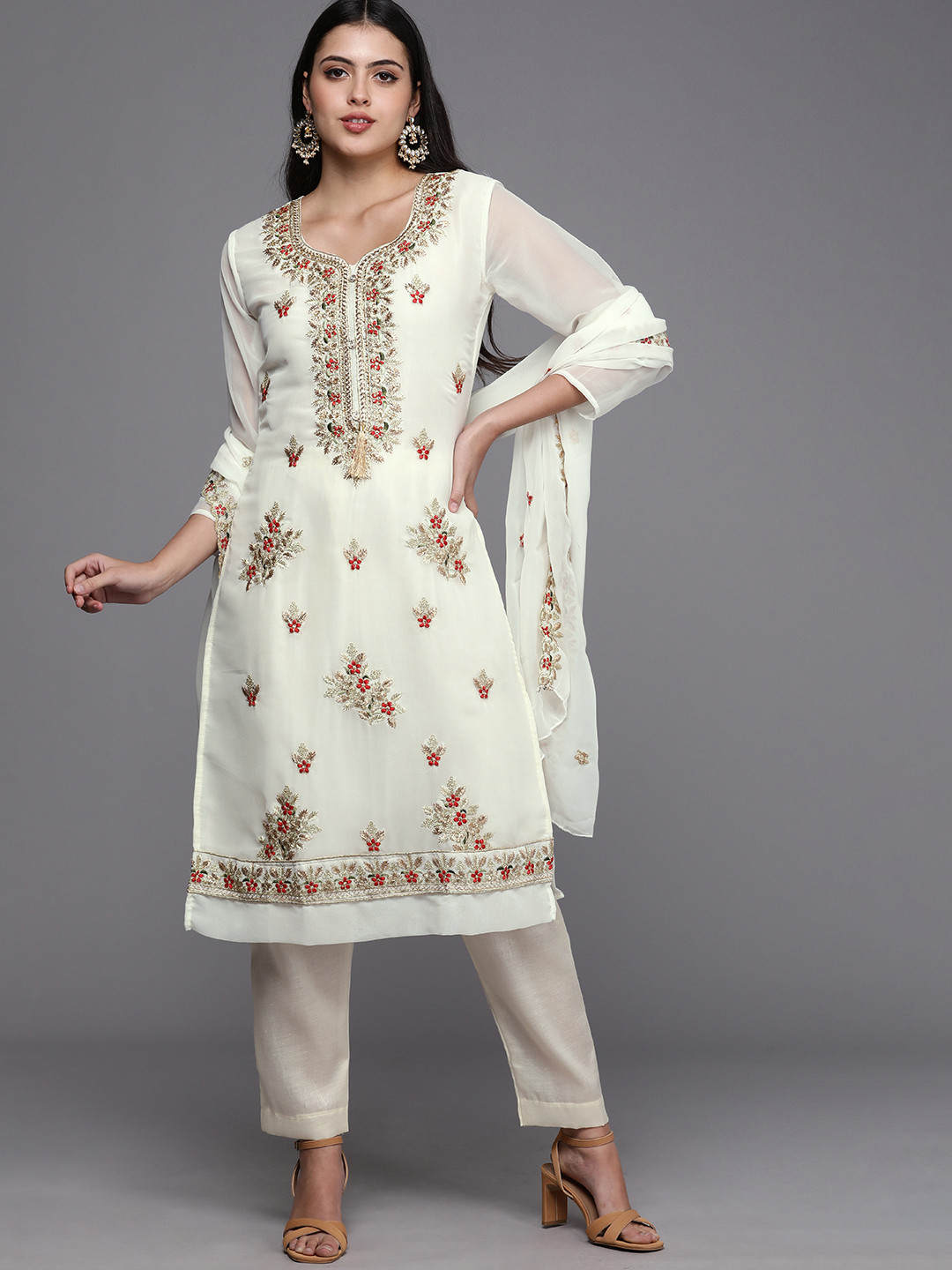 Mitera White & Beige Embroidered Unstitched Dress Material