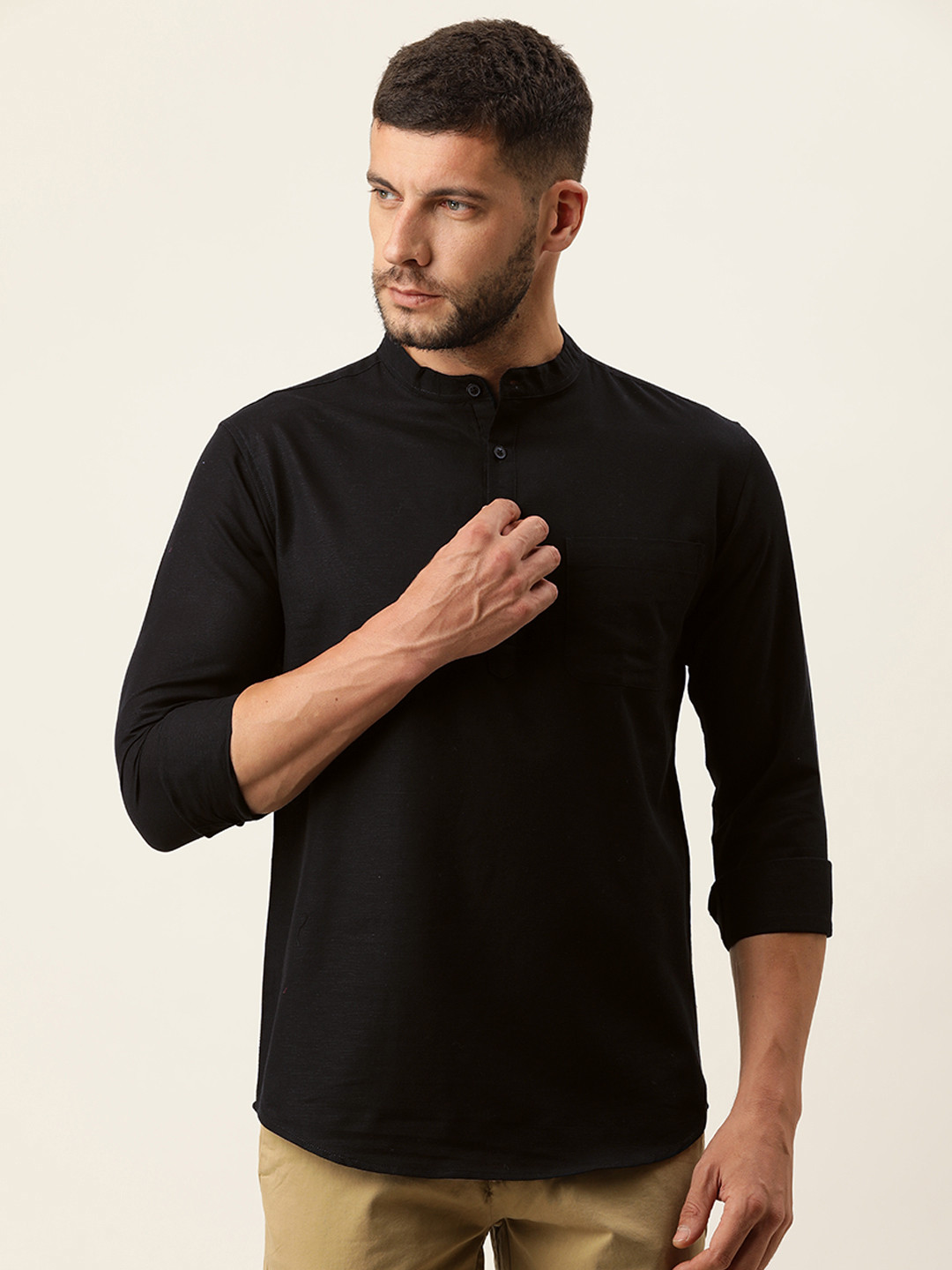 Kryptic Men Black Solid Cotton Straight Kurta