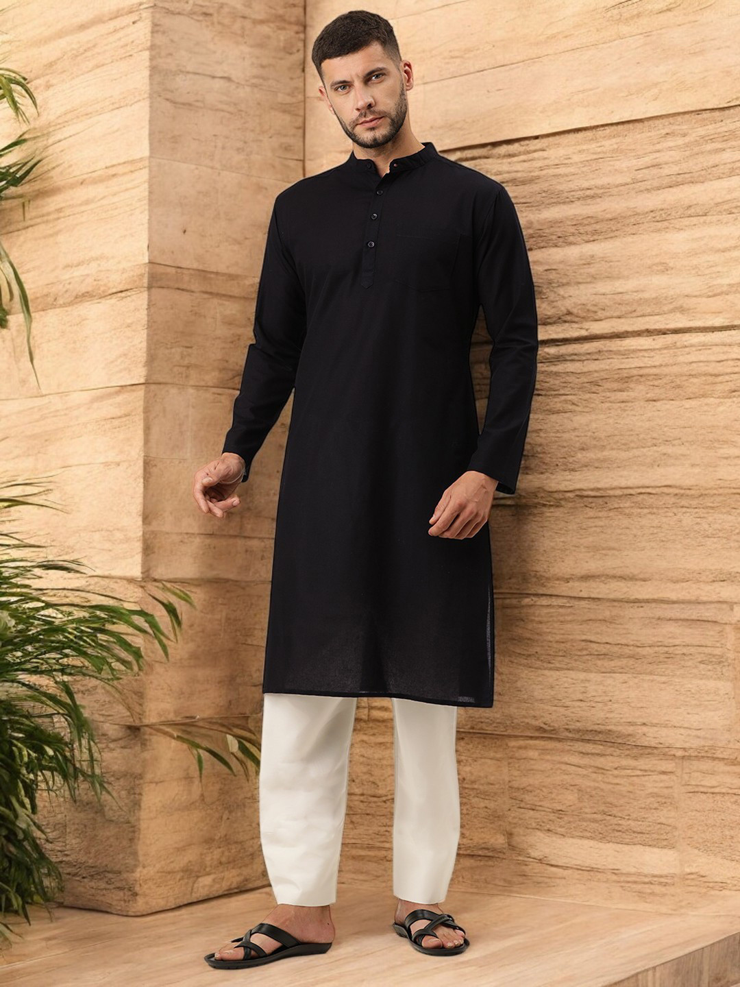 Kryptic Men Black Solid Cotton Straight Kurta