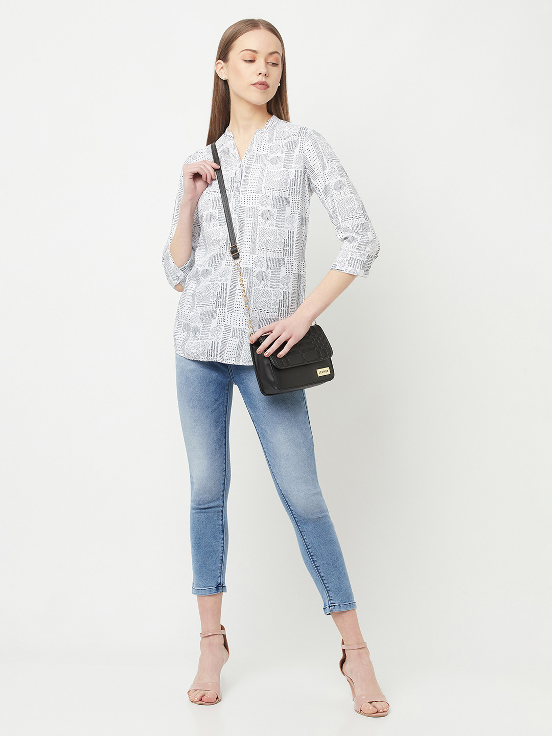 Crimsoune Club Women White & Black Geometric Print Mandarin Collar Shirt Style Top