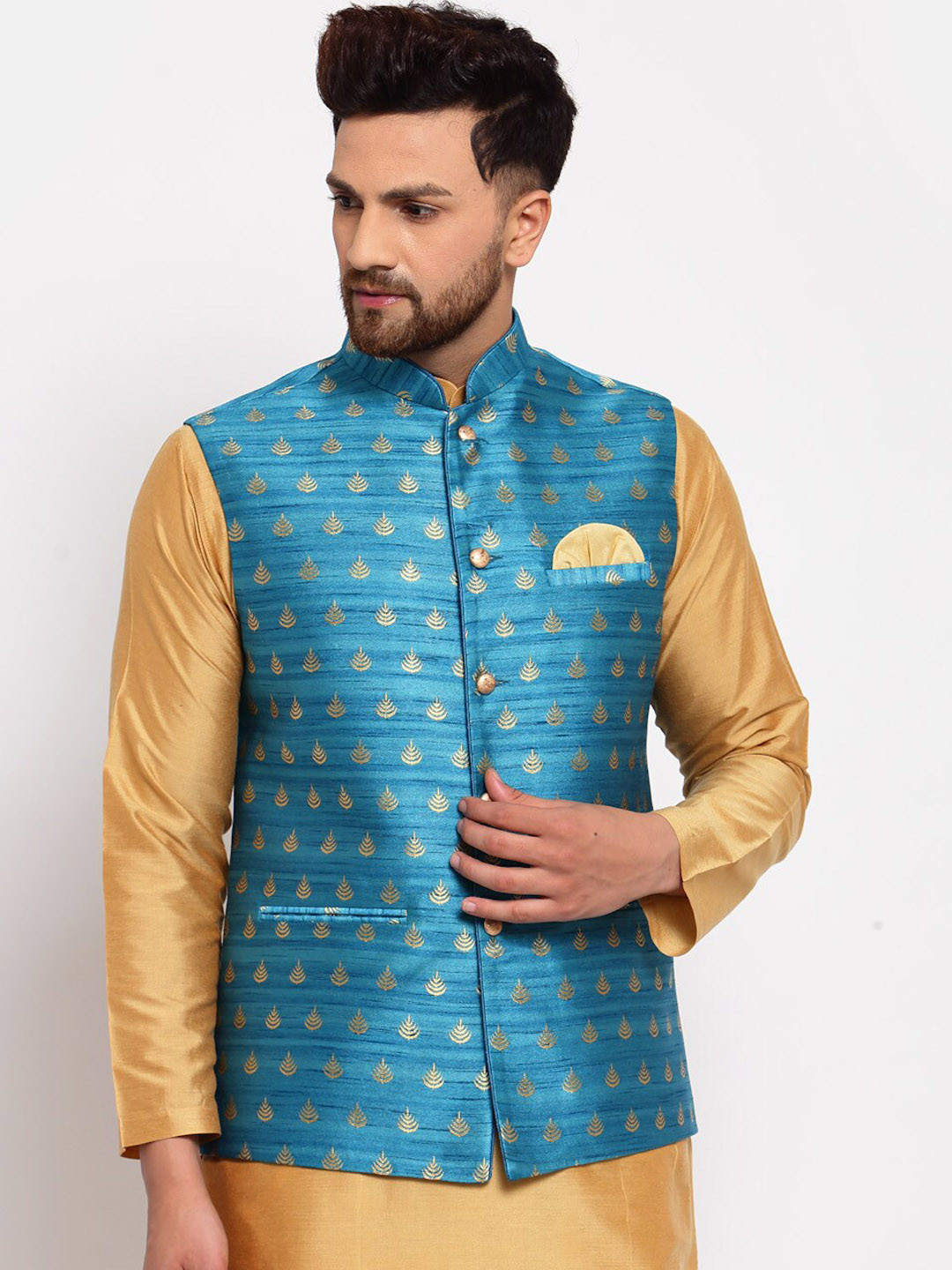 Badoliya & Sons Men Blue & Gold-Coloured Woven Design Woven Nehru Jackets
