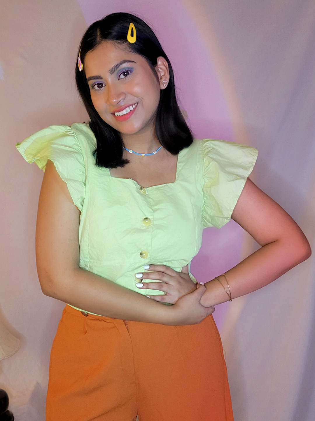 Tokyo Talkies Green Flutter Sleeve  Top