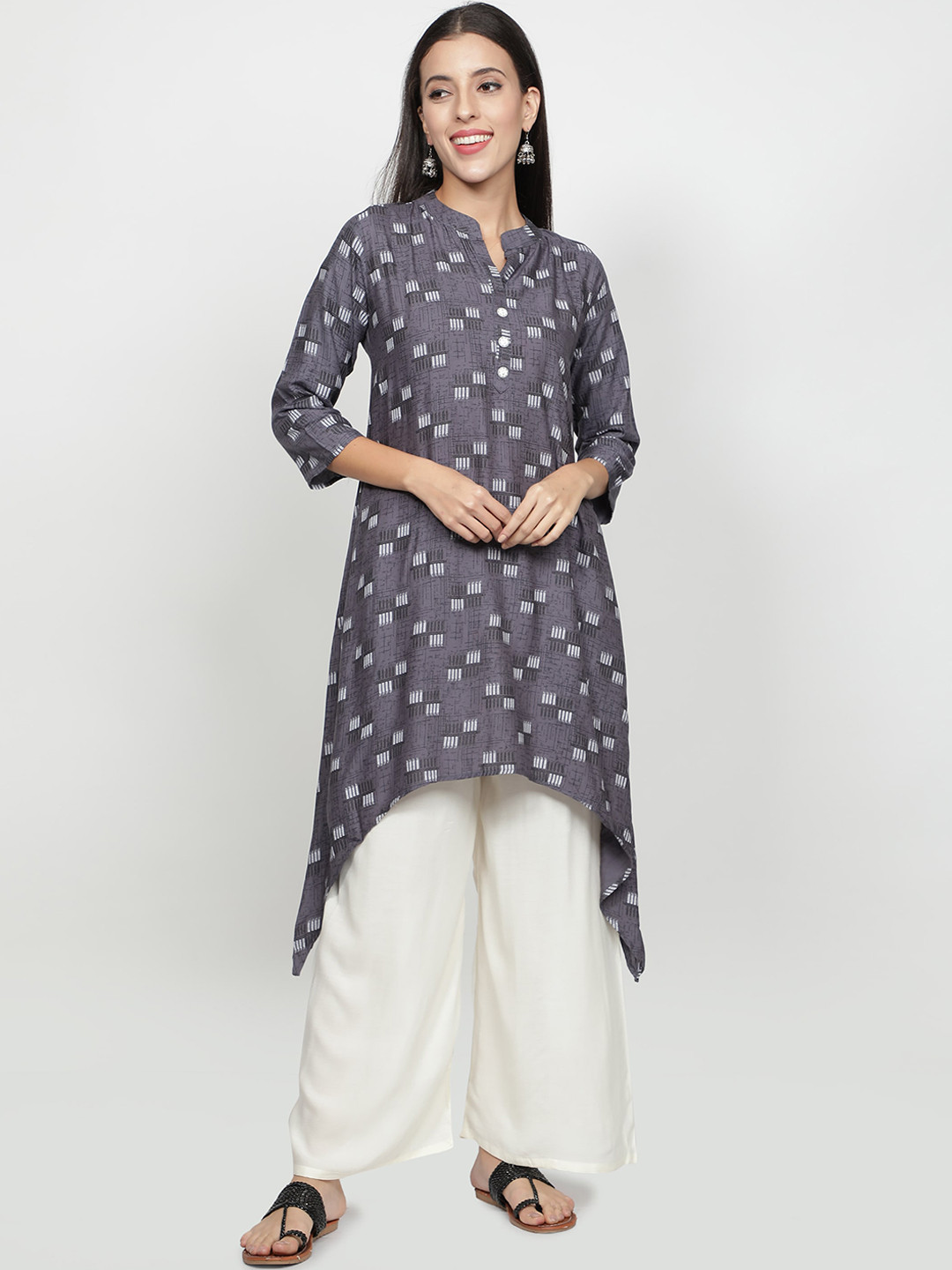 Fabclub Women Grey Geometric Printed Asymmetric Kurta