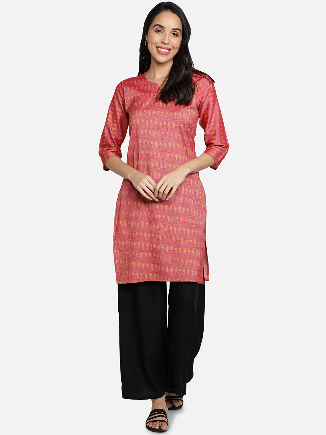 Fabclub Women Pink Ikat Printed Straight Cotton Slub Kurta