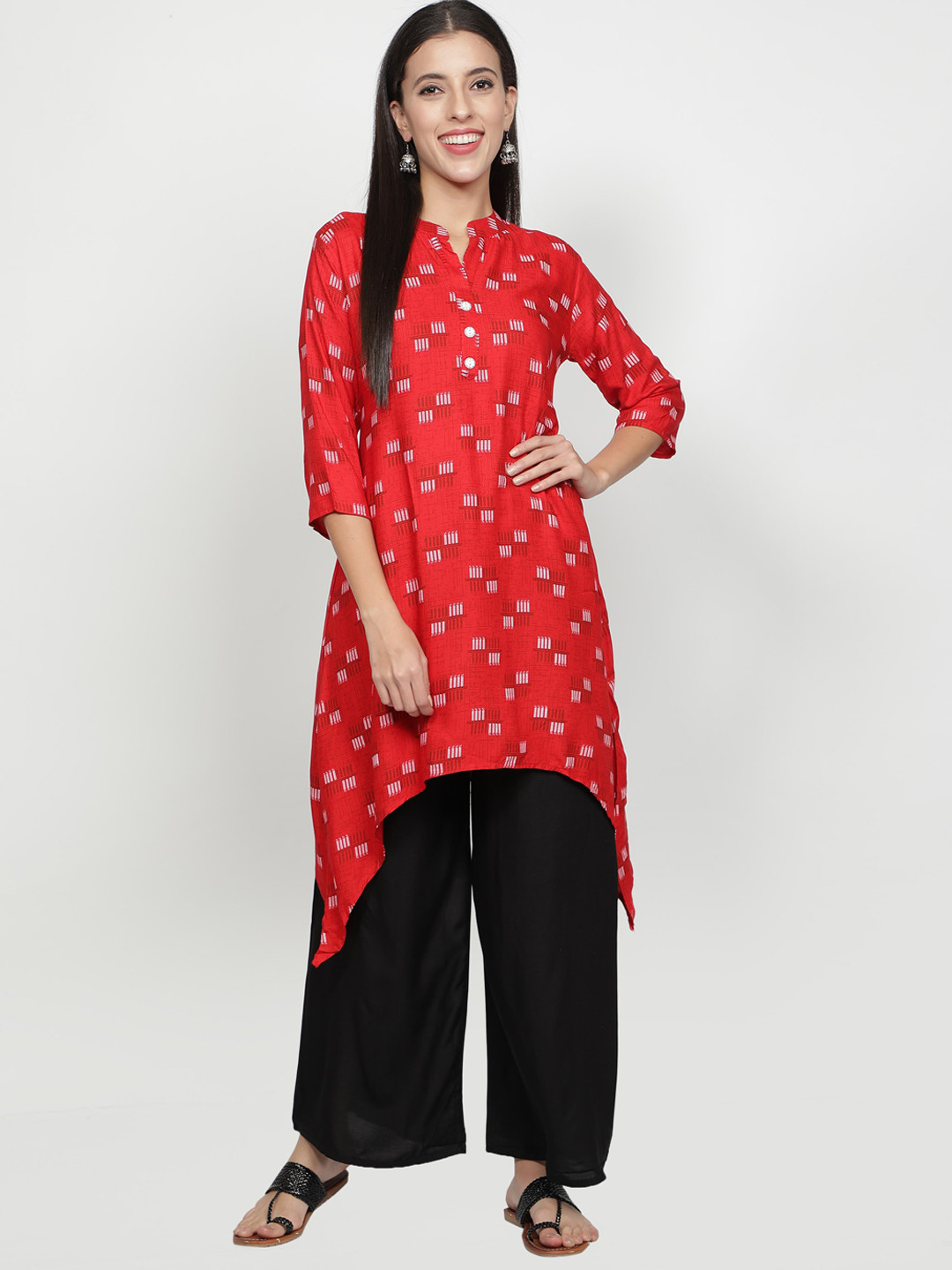 Fabclub Women Red Geometric Printed Asymmetric Kurta
