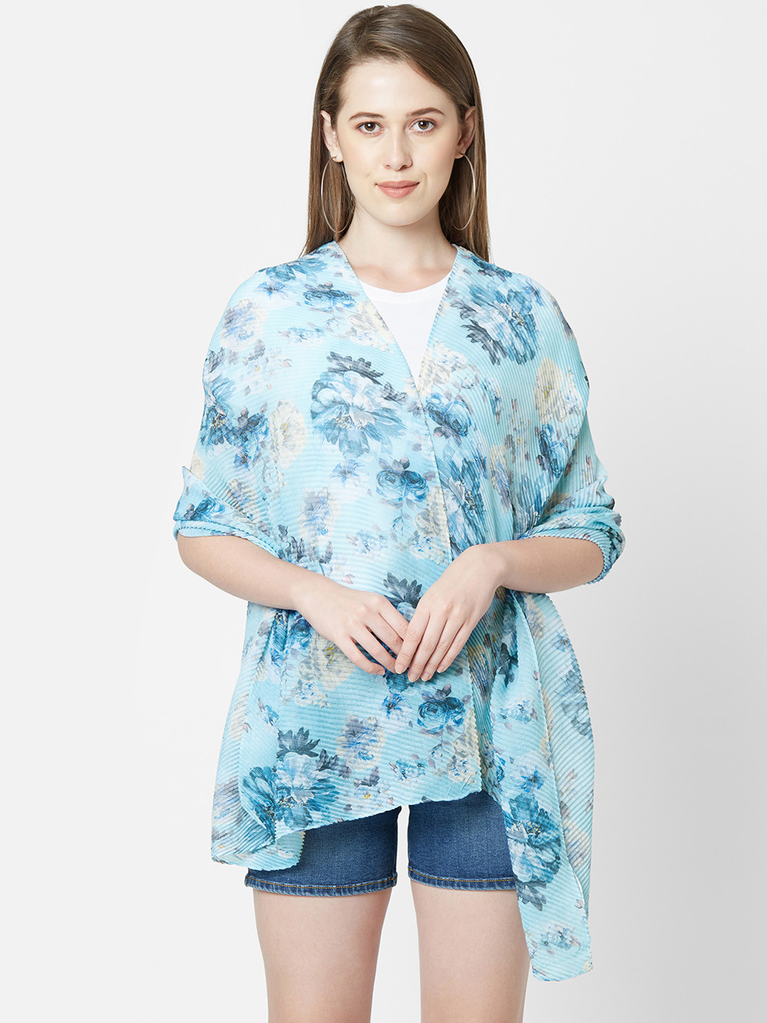 Cloth Haus India Women Blue & White Printed Pleated Scarf