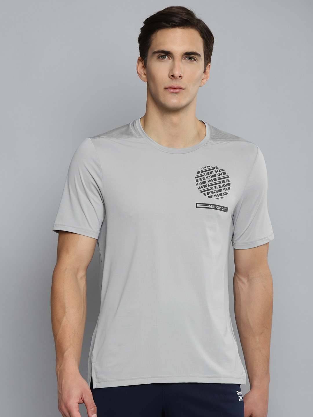 Reebok Men Grey TSR SS AC Graphic Running Slim Fit T-shrit