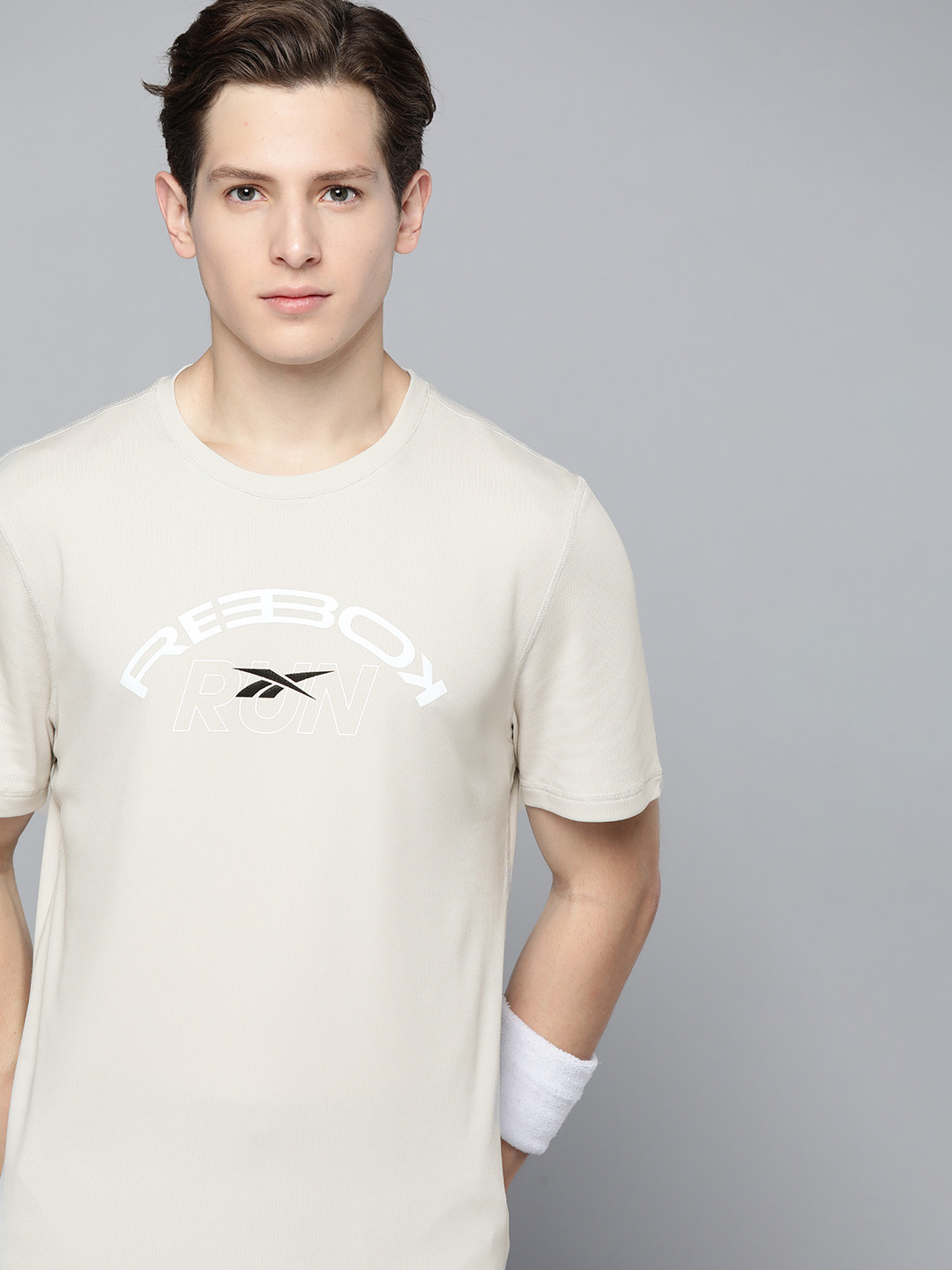 Reebok Men Beige Run Essentials Graphic T-Shirt