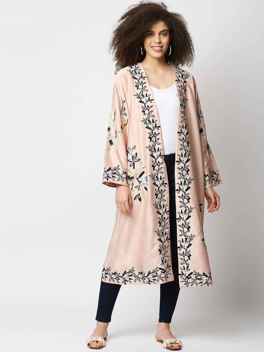 aaliya Women Rose Gold Longline Open Front Jacket with Embroidered
