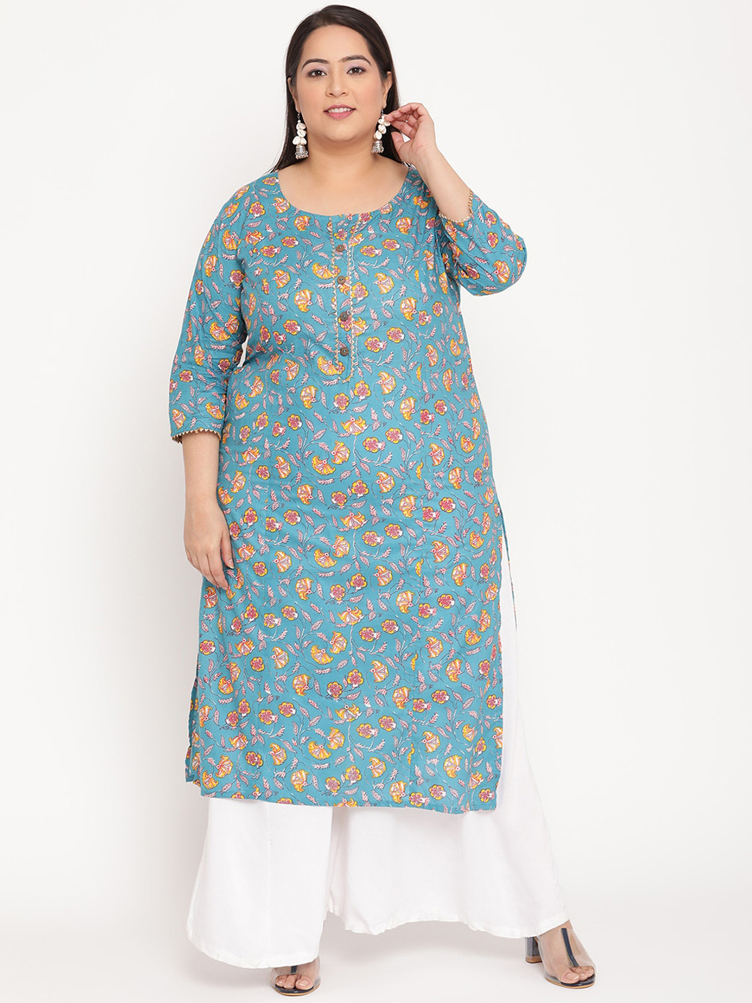 Sringam Plus Size Women Blue Floral Printed Kurta
