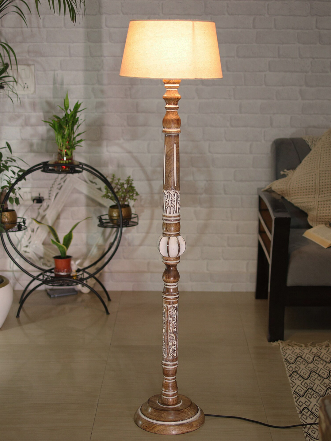 Homesake Antique White Carving Floor Lamp for Living Room With Khadi Fabric Shade