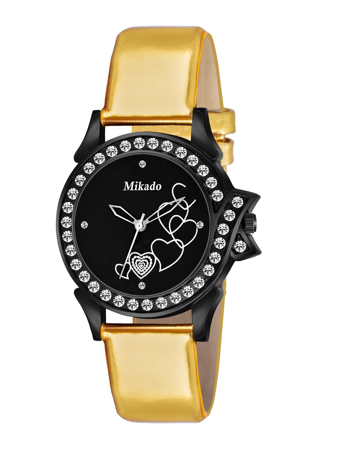 Mikado Women Black Brass Embellished Dial & Gold-Plated Leather Wrap Around Straps Analogue Watch SK 1114