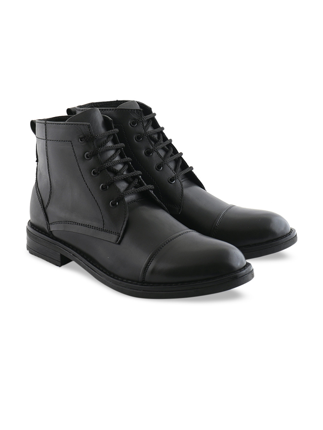 XHUGOY Men Black Solid Leather Mid -Top Lace-Up Flat Boots