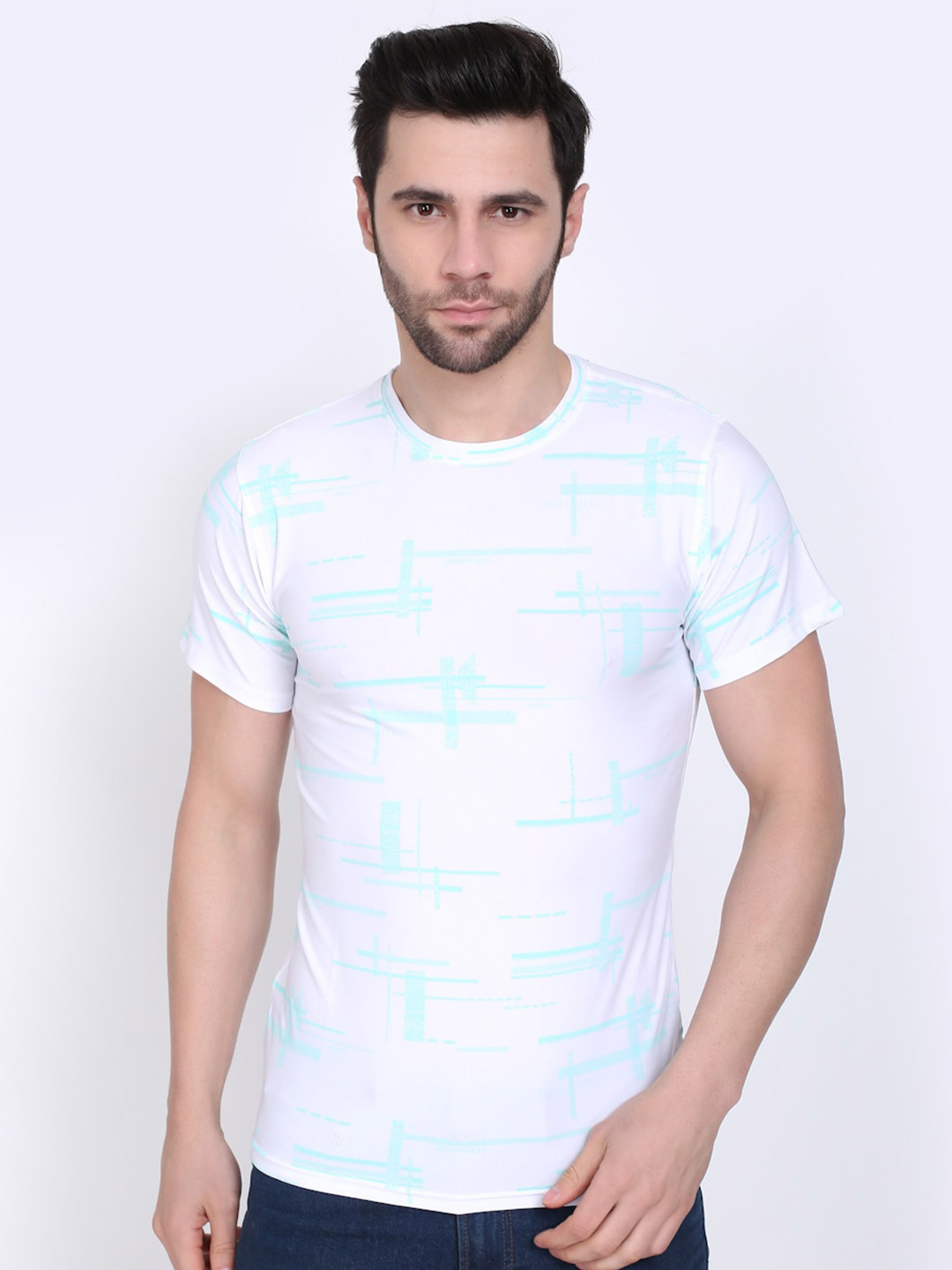 Camey Men White & Blue Printed Dry Fit T-shirt