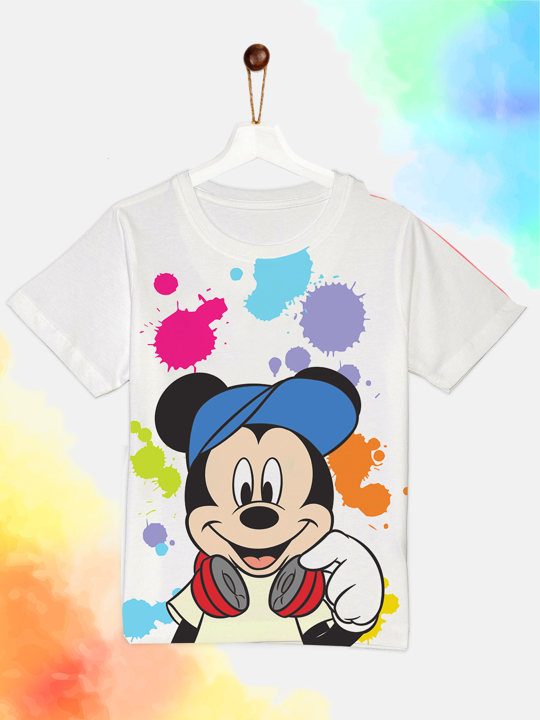 YK Disney Boys Holi White Mickey Printed T-shirt