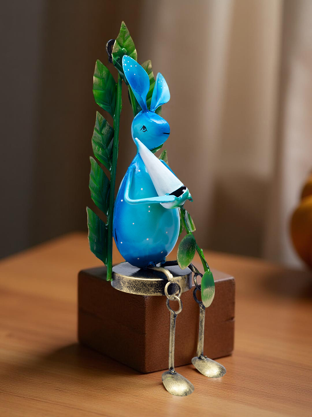 Golden Peacock Rabbit Blue Metal Metallic Living Room Hand-Crafted Medium Showpiece - 13.8 Inches