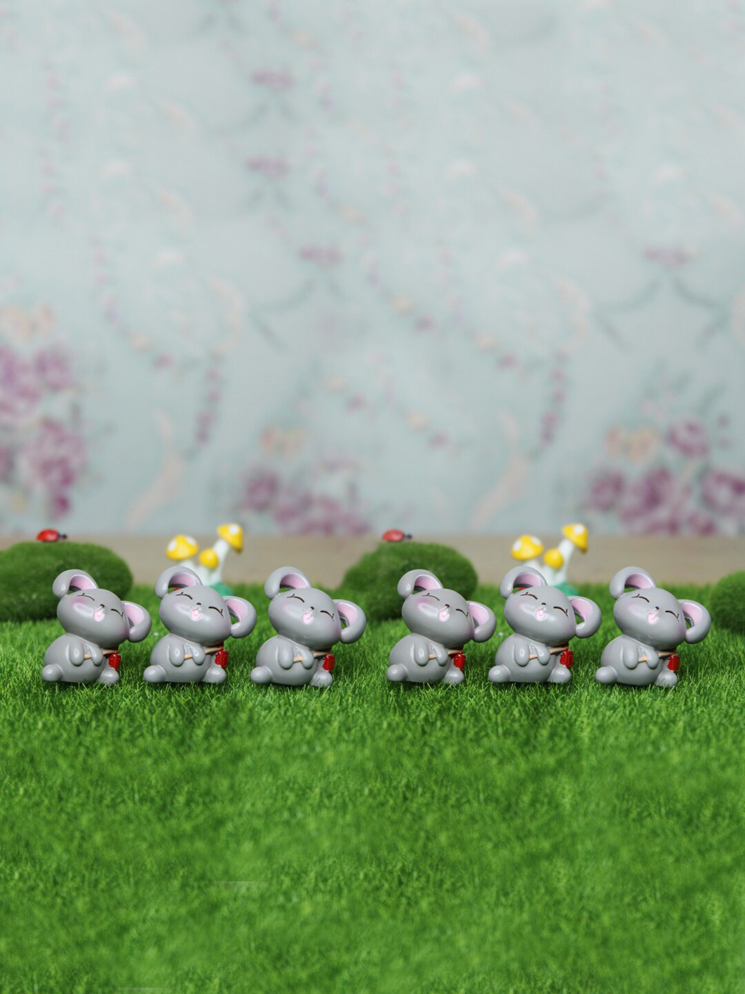 Wonderland Set Of 6 Grey Mouse Miniature Toys Garden Accessory