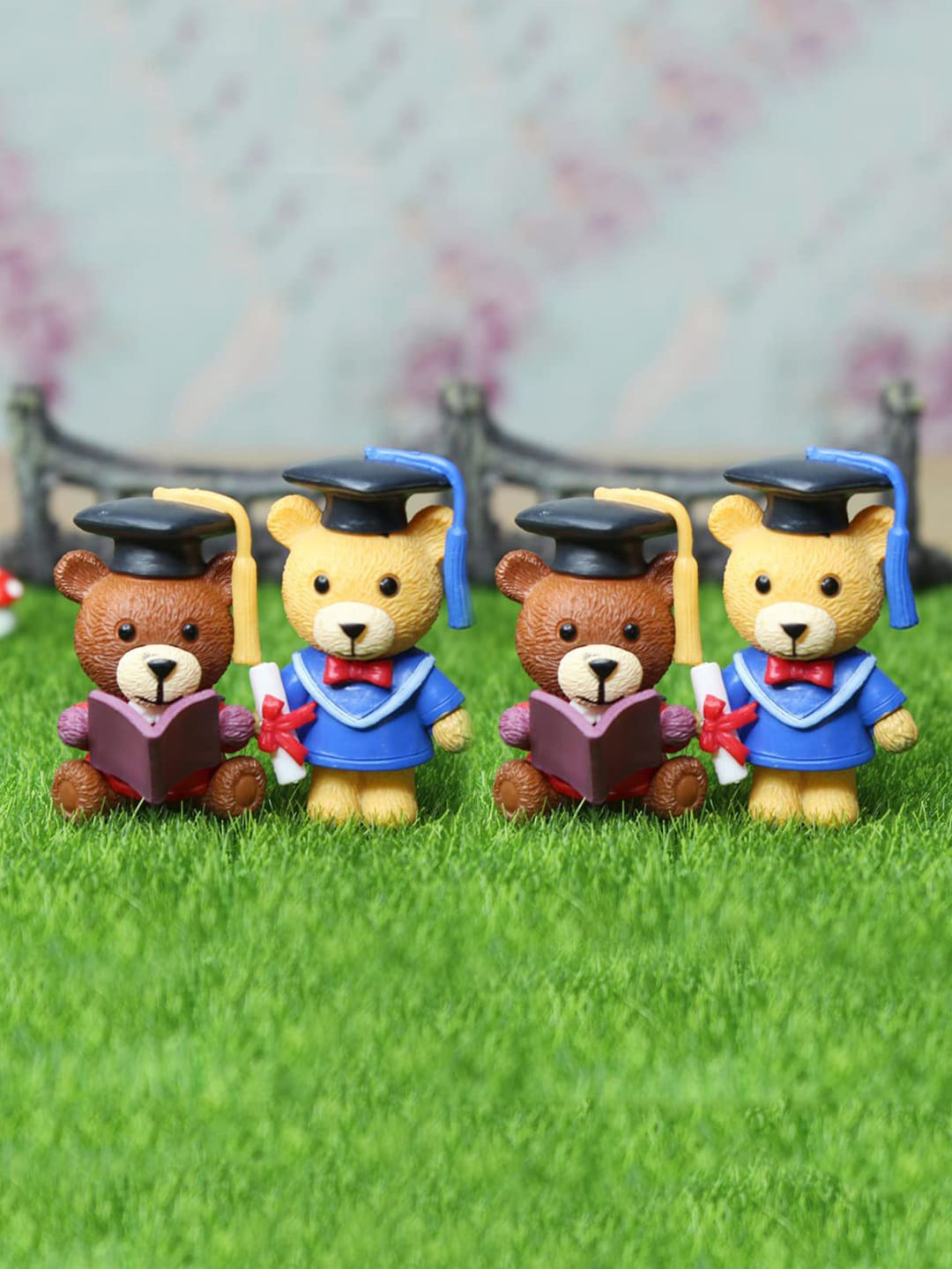 Wonderland Set Of 4 Brown Student Teddy Miniature Toys Garden Accessory