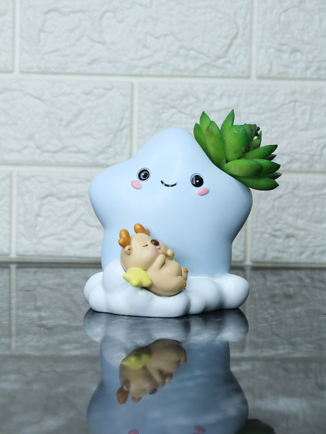 Wonderland Set Of 2 Blue Star & Sleepy Deer Succulent Pot Miniature Toys Garden Accessory