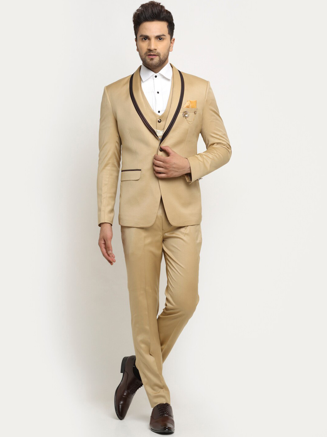 LUXURAZI Men Beige Solid Single-Breasted Slim-Fit 3-Piece Formal Suit