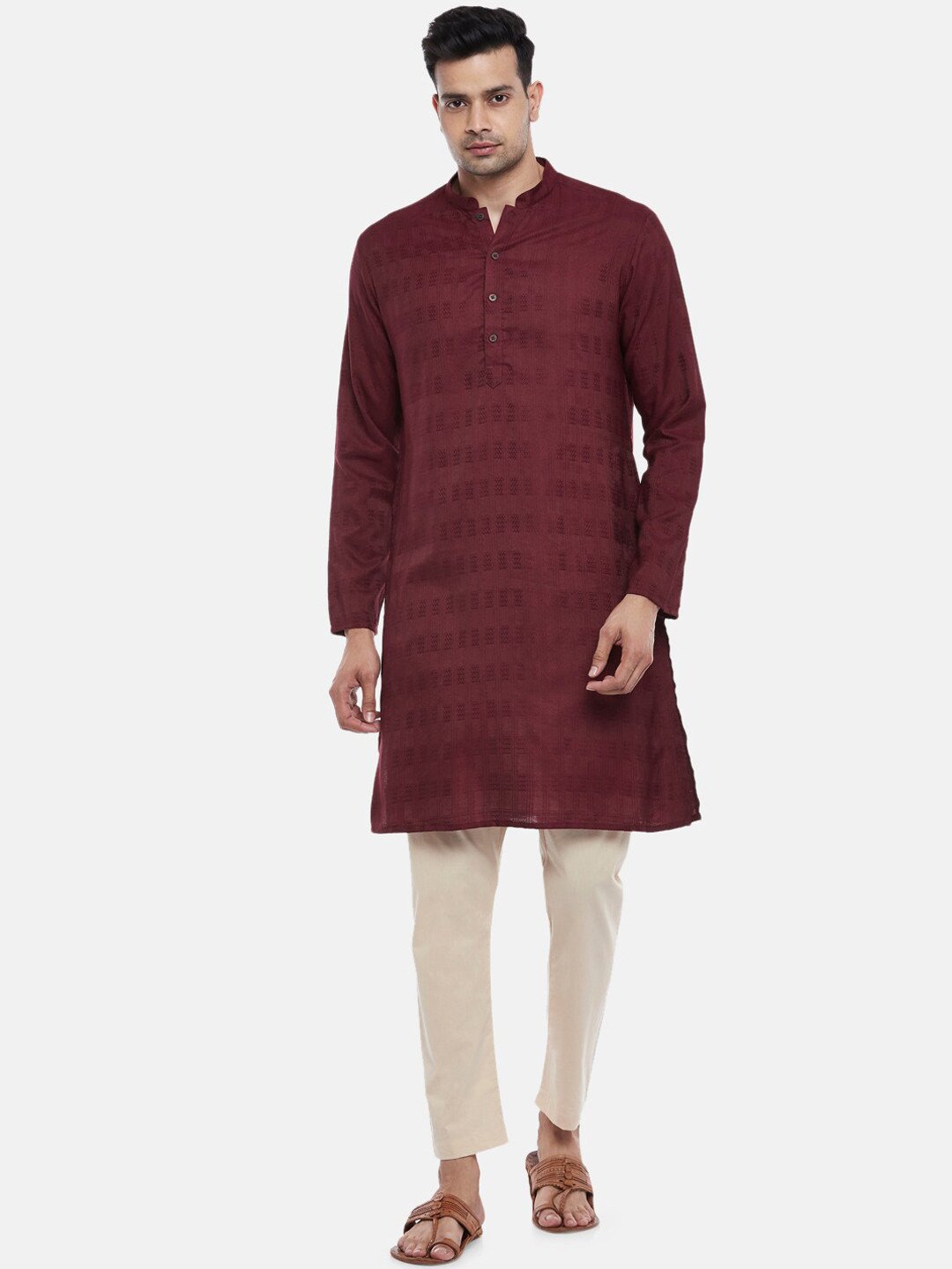 indus route by Pantaloons Men Red Geometric Embroidered Dobby Kurta