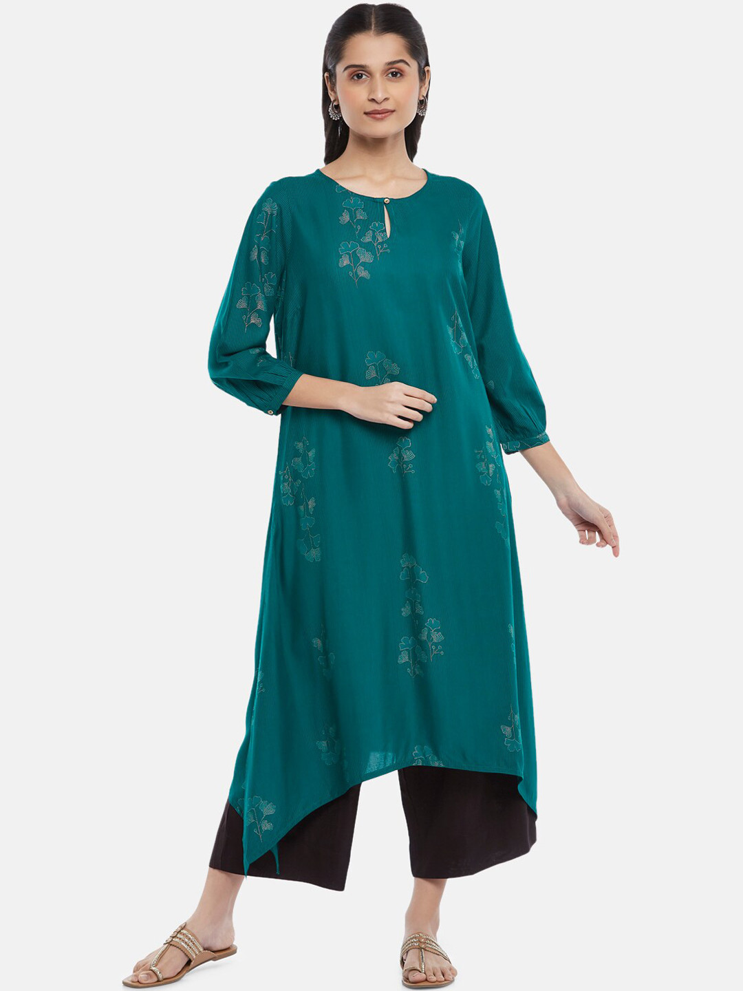 RANGMANCH BY PANTALOONS Women Teal Ethnic Motifs Printed Keyhole Neck Kurta