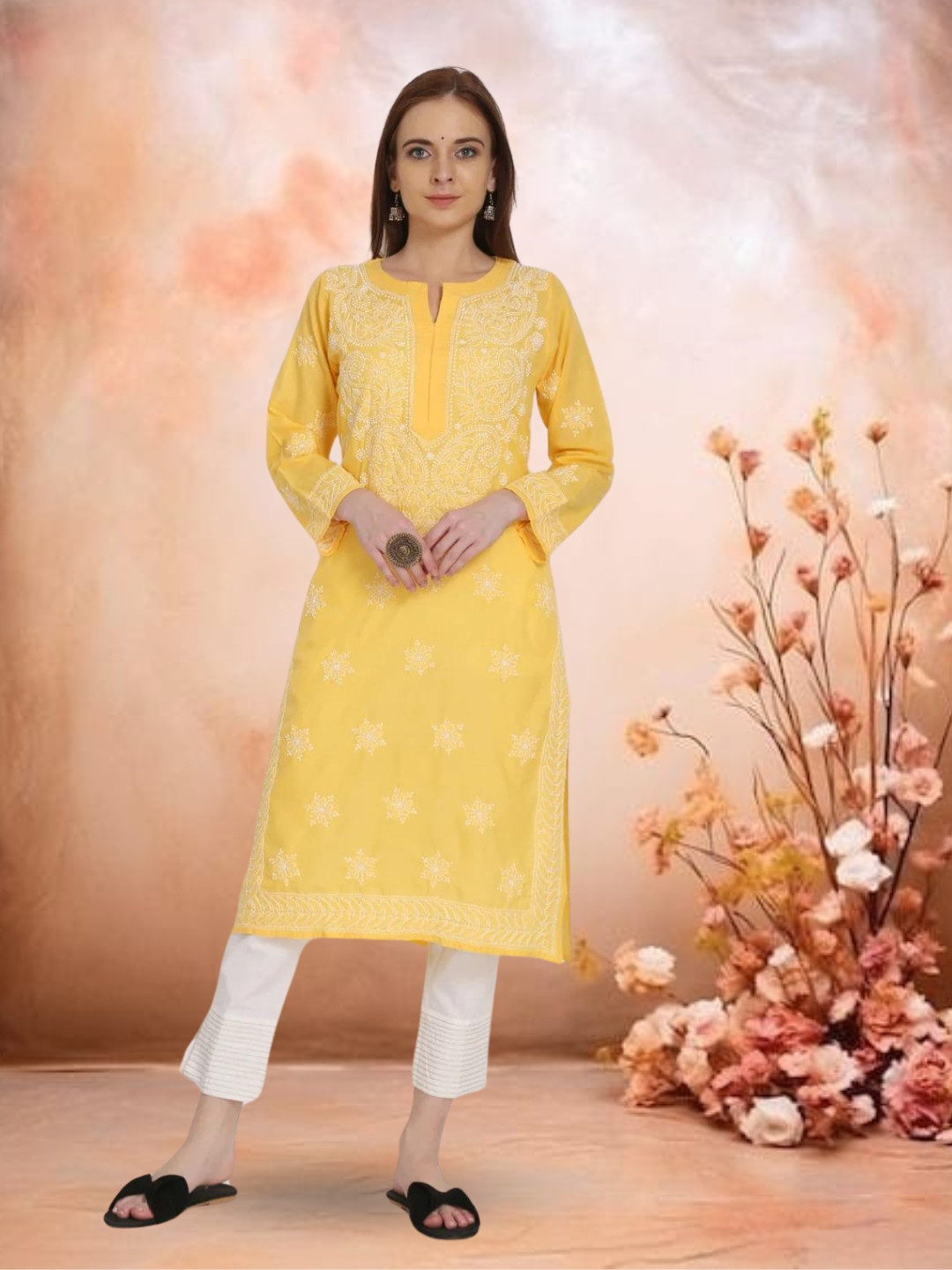 PARAMOUNT CHIKAN Women Yellow & White Cotton Embroidered Chikankari Straight Kurta
