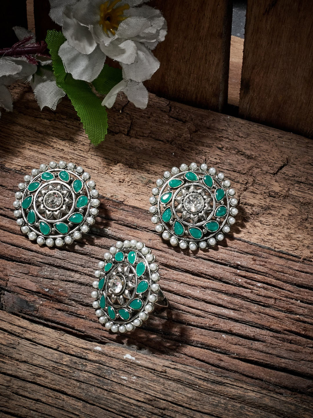 Atibelle Combo of Silver Plated Artificial Stoned Studded Circular Stud Earrings & Ring