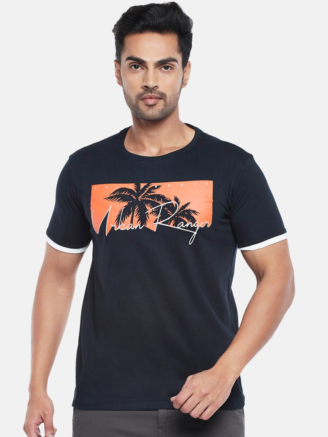 Urban Ranger by pantaloons Men Navy Blue & Orange Printed Pure Cotton Slim Fit T-shirt