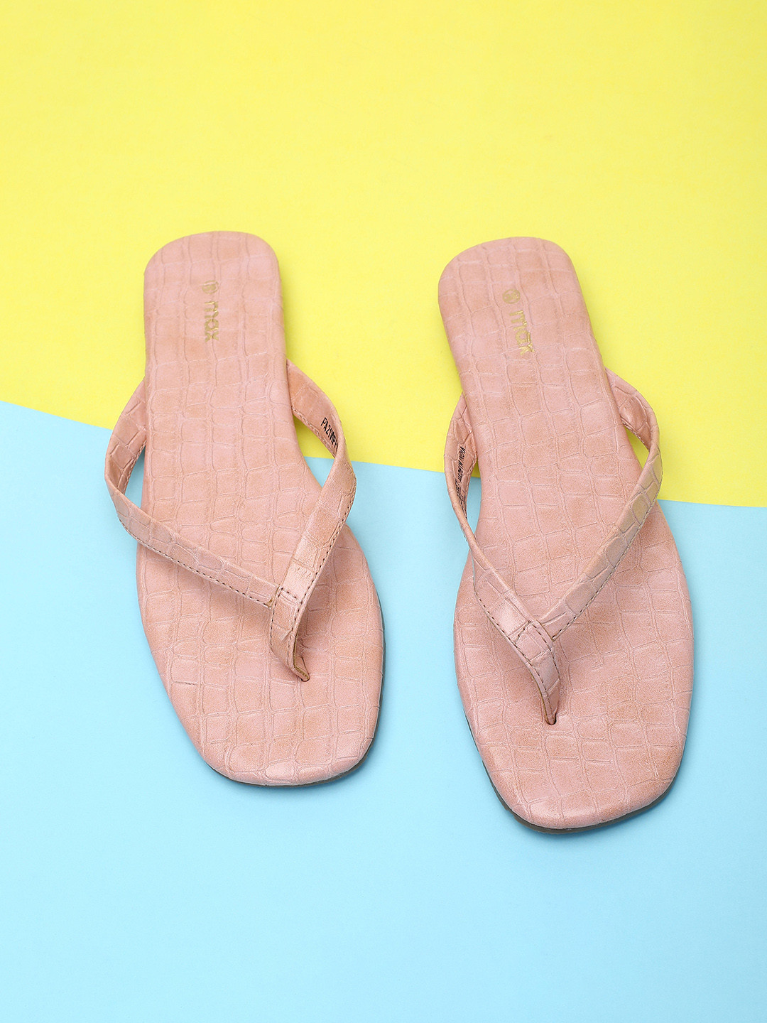 max Women Croc Textured V-Strap Flats