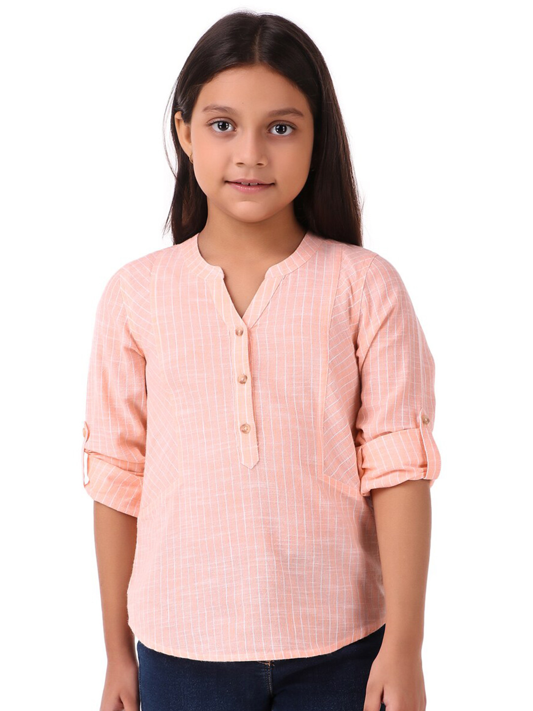 Miyo Orange & White Mandarin Collar Roll-Up Sleeves Shirt Style Pure Cotton Top