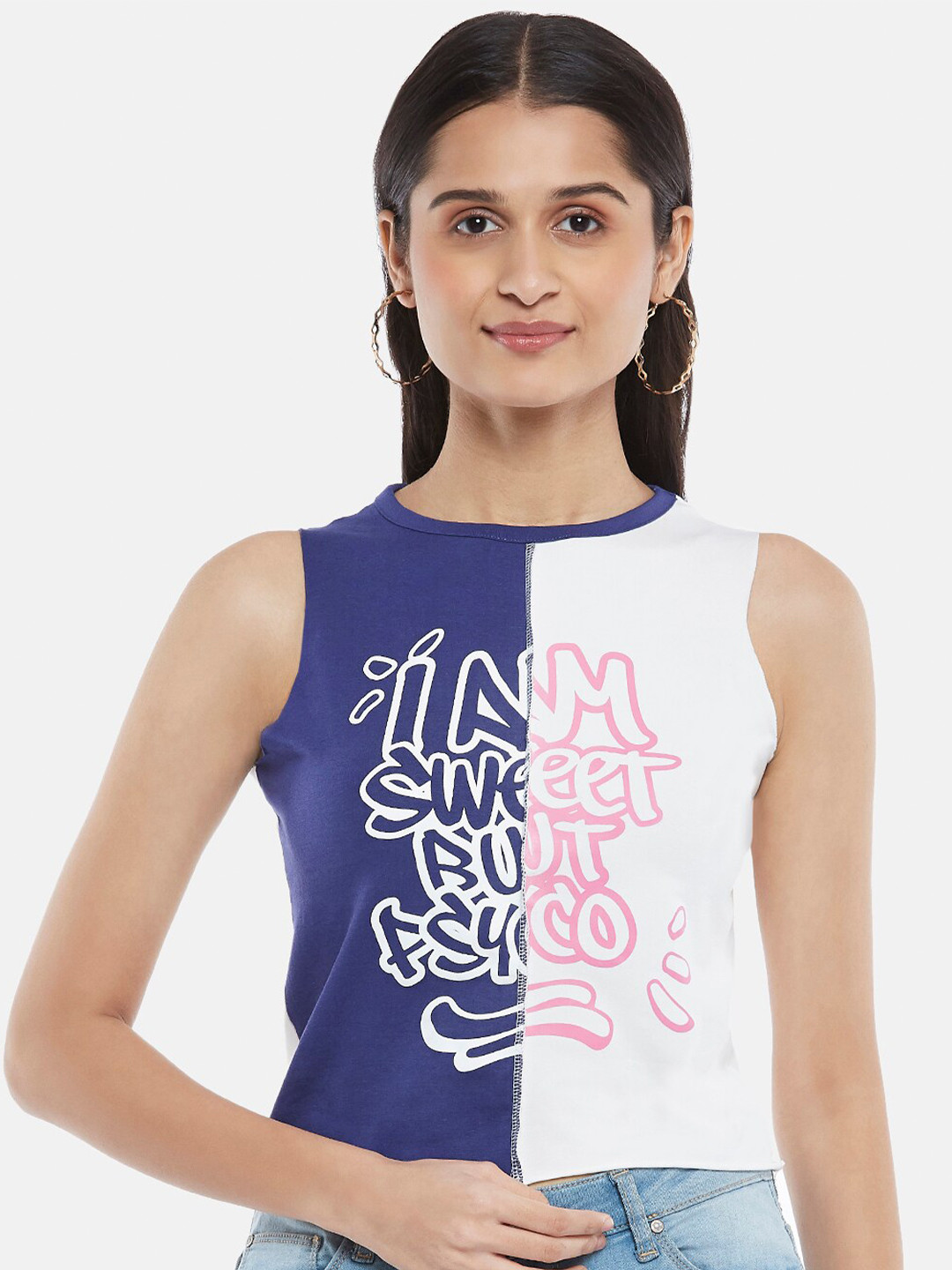 People Blue & White Colourblocked Crop Top