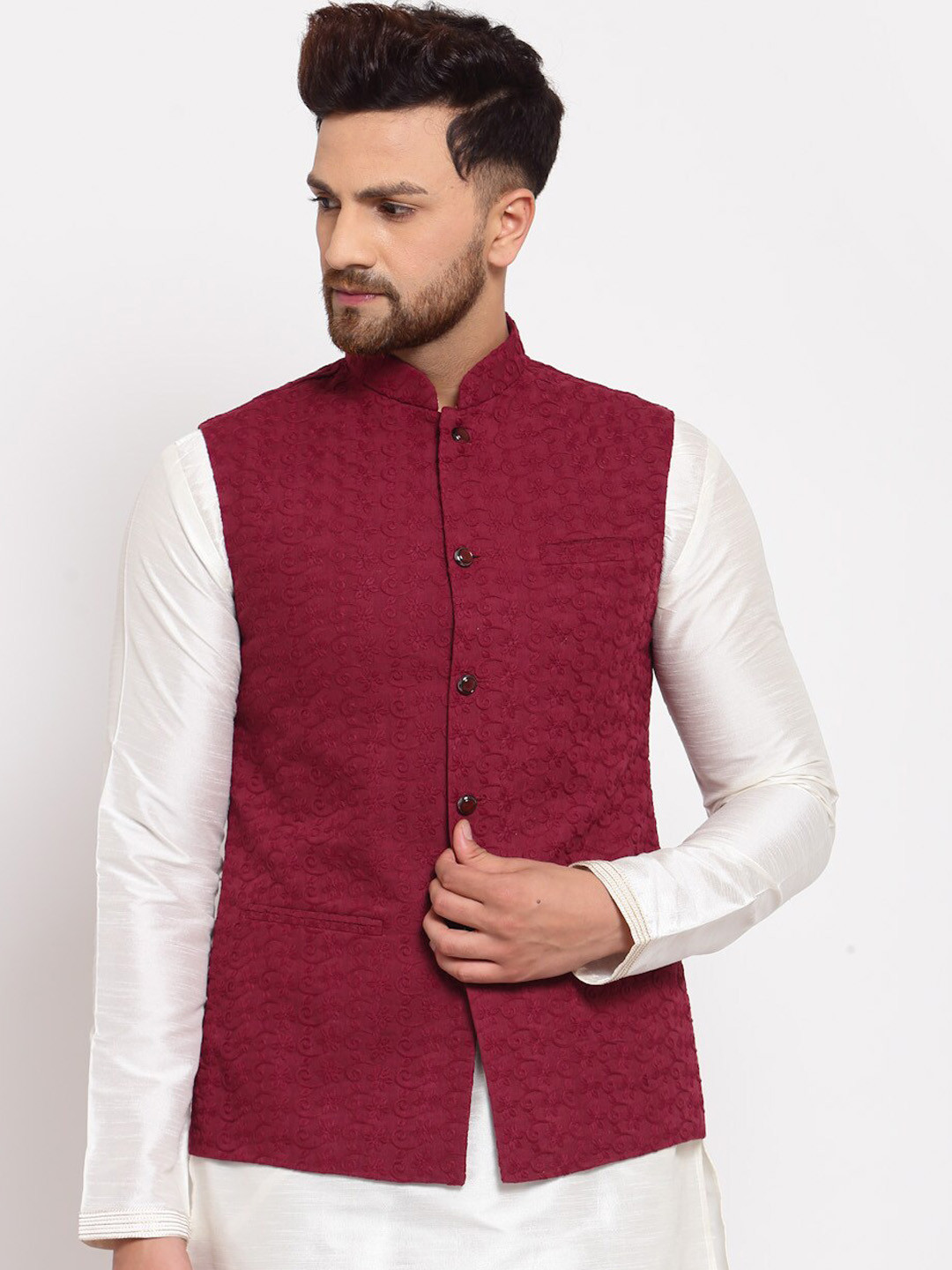 Badoliya & Sons Men Maroon Chikankari Embroidered Woven Nehru Jacket