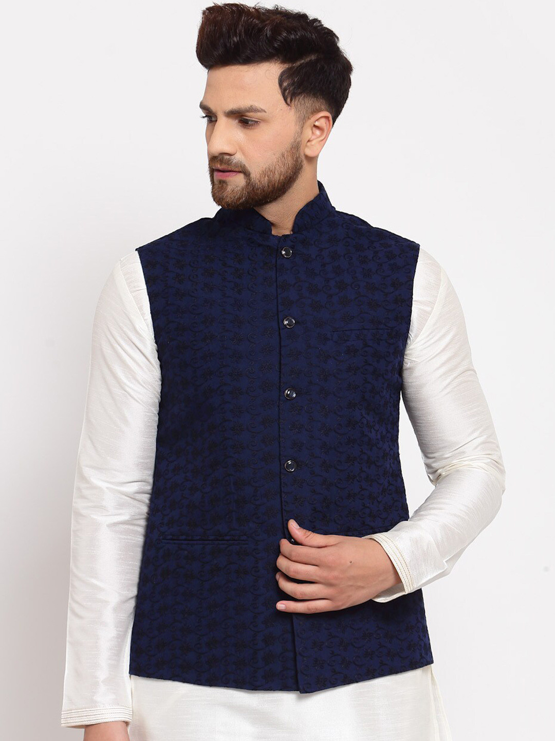 Badoliya & Sons Men Navy Blue Chikankari Embroidered Nehru Jackets