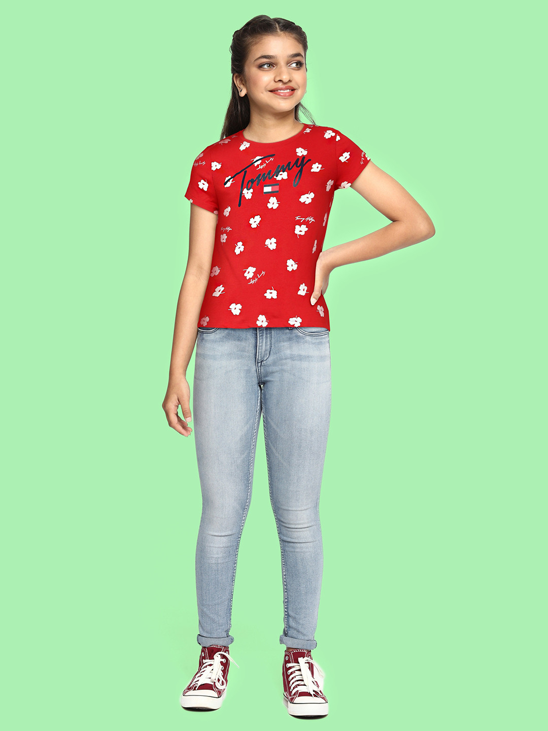 Tommy Hilfiger Girls Red Floral Printed Pure Cotton T-shirt