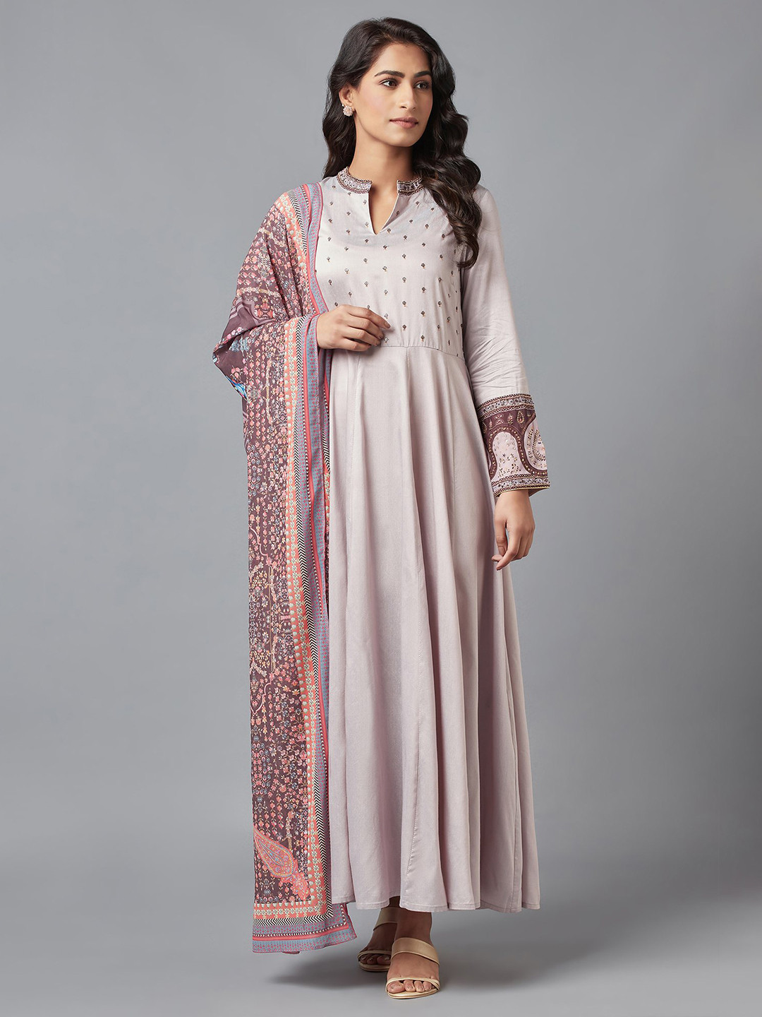 WISHFUL Women Purple & Brown Ethnic Motifs Printed Anarkali Kurta With Duaptta