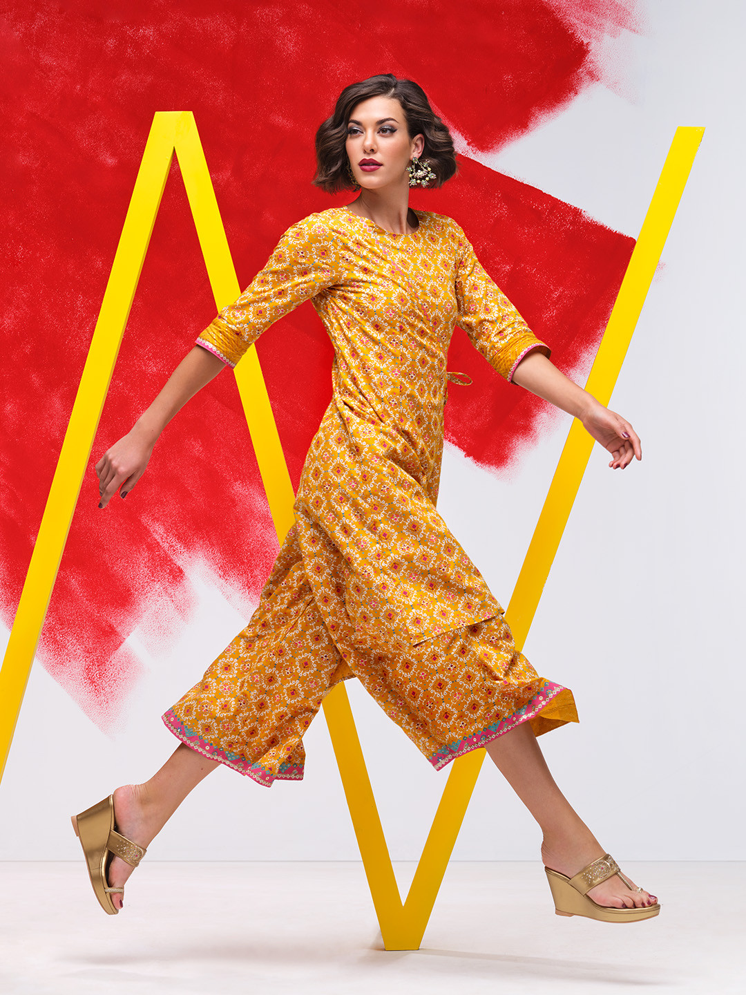 W Yellow Printed Angrakha Ethnic Jumpsuit