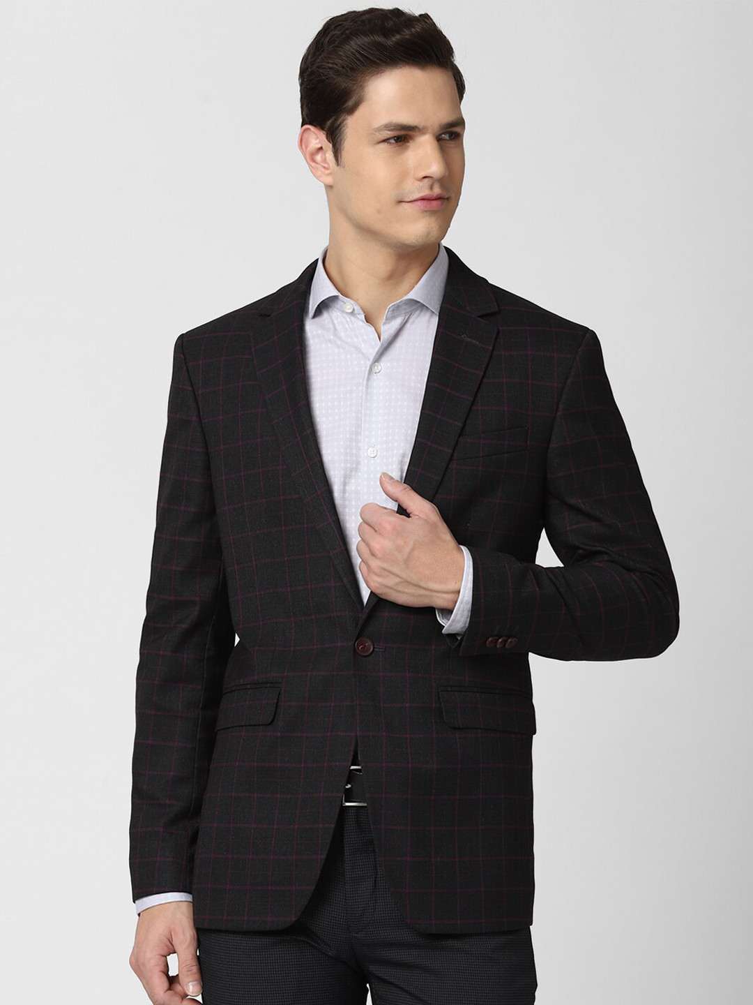 Peter England Elite Men Black Checked Single Breasted Blazer