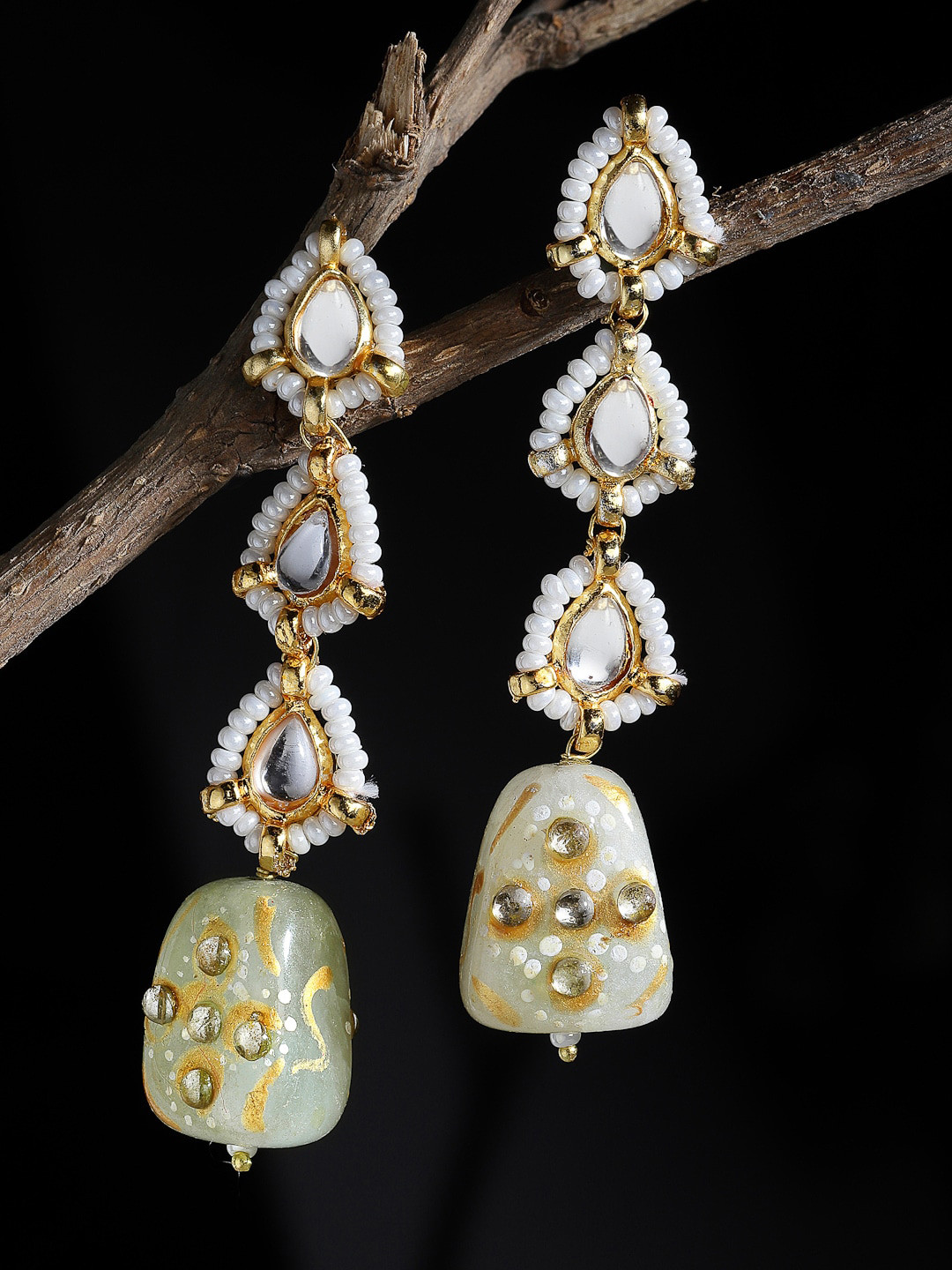 DUGRISTYLE Women Gold-Plated Green & White Kundan Studded Drop Earrings