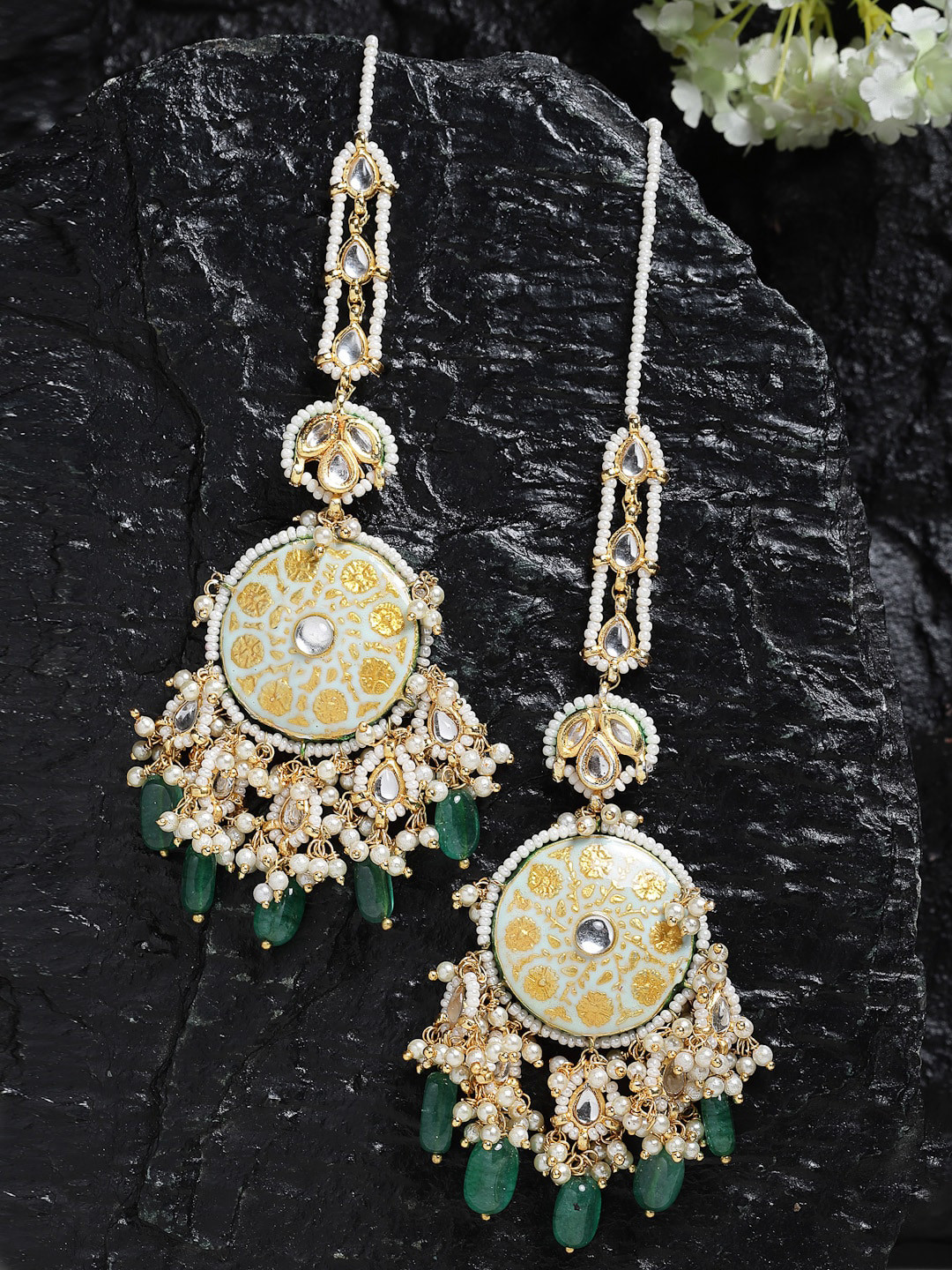 DUGRISTYLE Women Gold-Plated Green & White Kundan Studded Drop Earrings