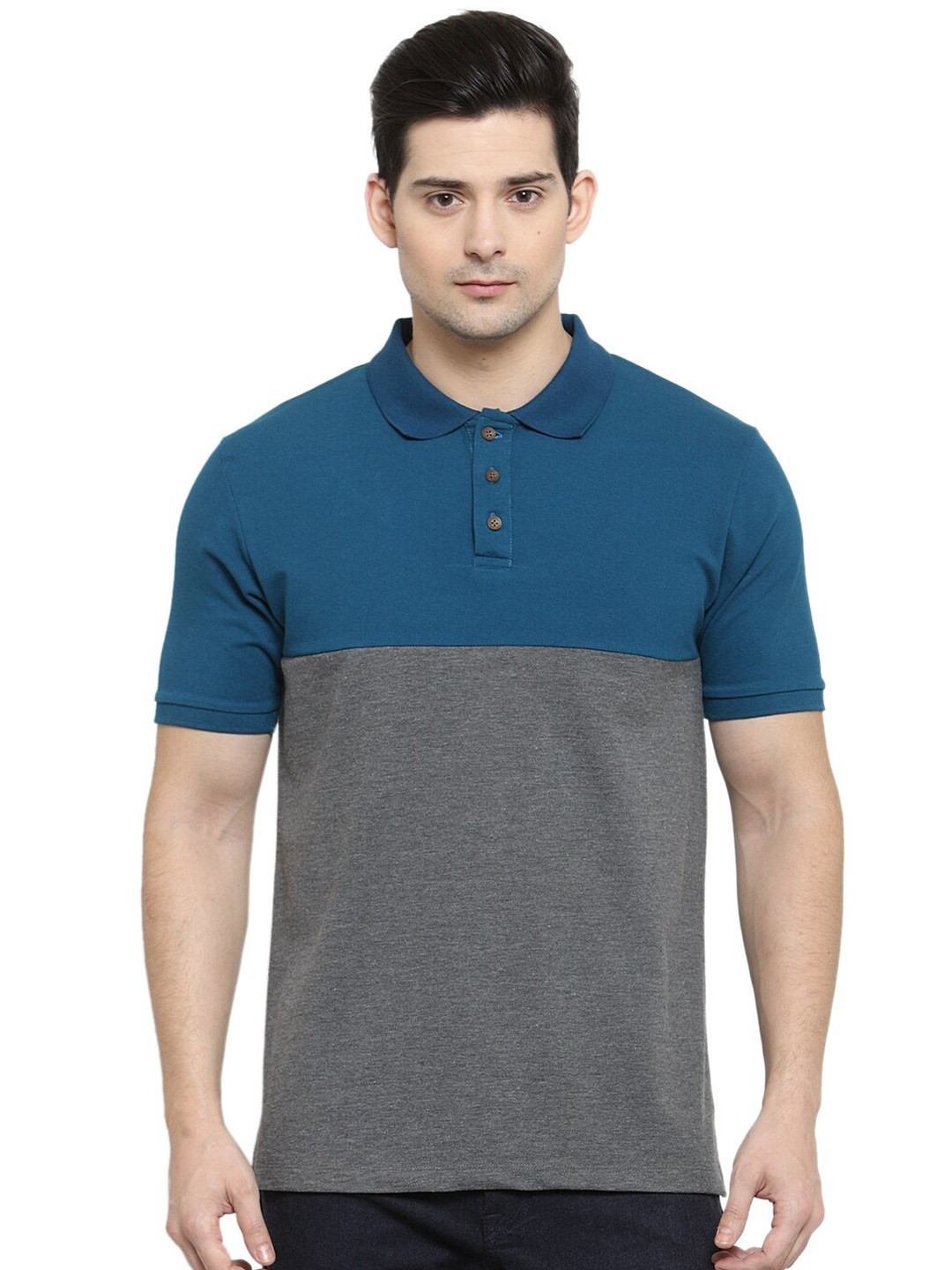 Kalt Men Charcoal Grey & Blue Colourblocked Polo T-shirt