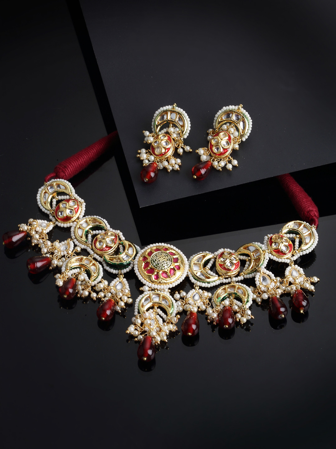 DUGRISTYLE Gold-Plated Red Kundan Jewellery Set