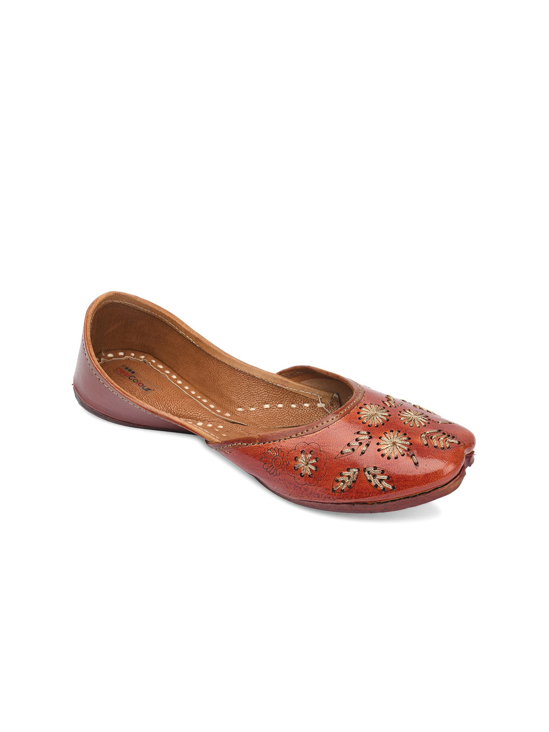 DESI COLOUR Women Brown Textured Leather Ethnic Mojaris Flats
