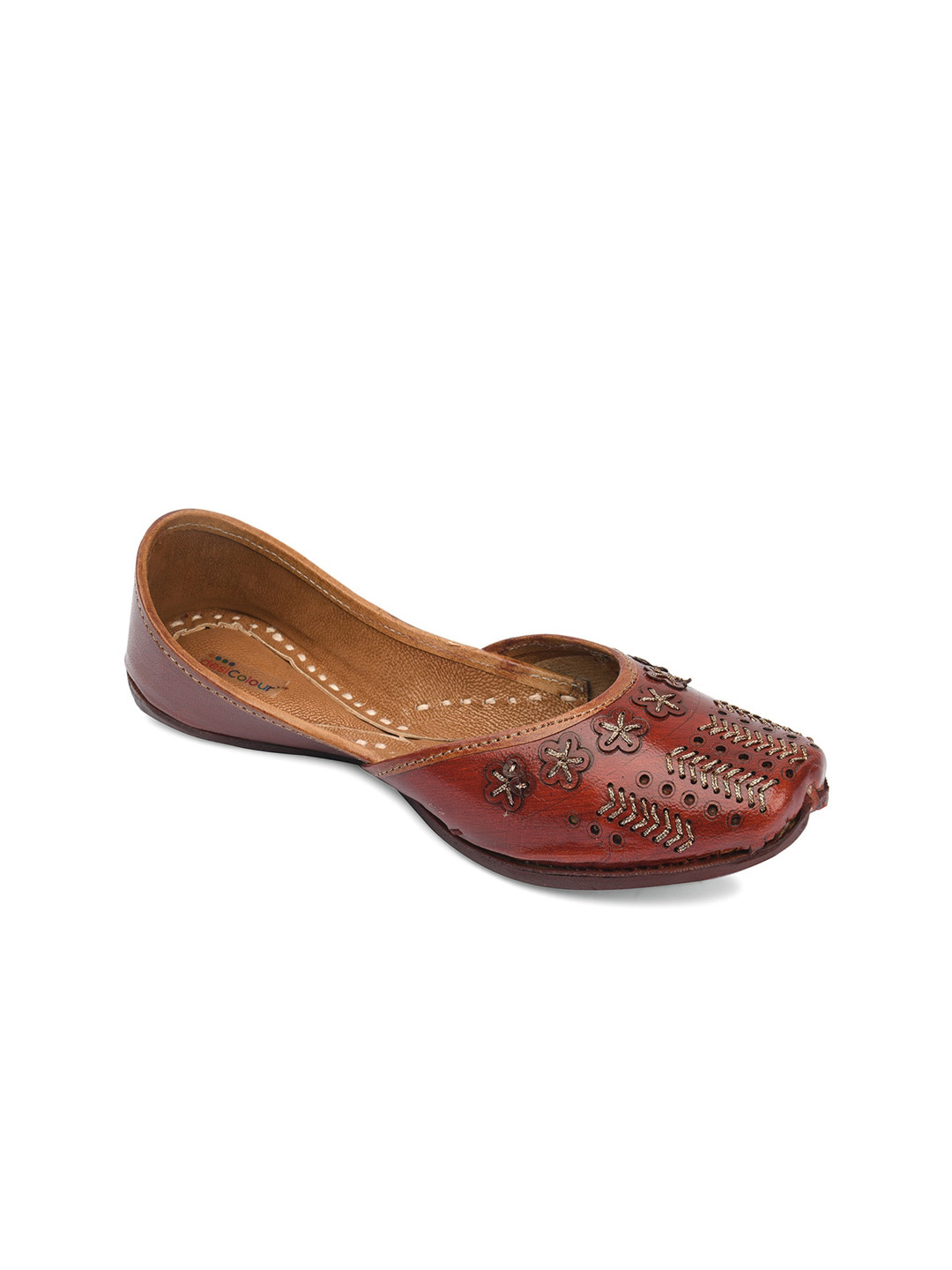 DESI COLOUR Women Brown Textured Leather Ethnic Mojaris Flats