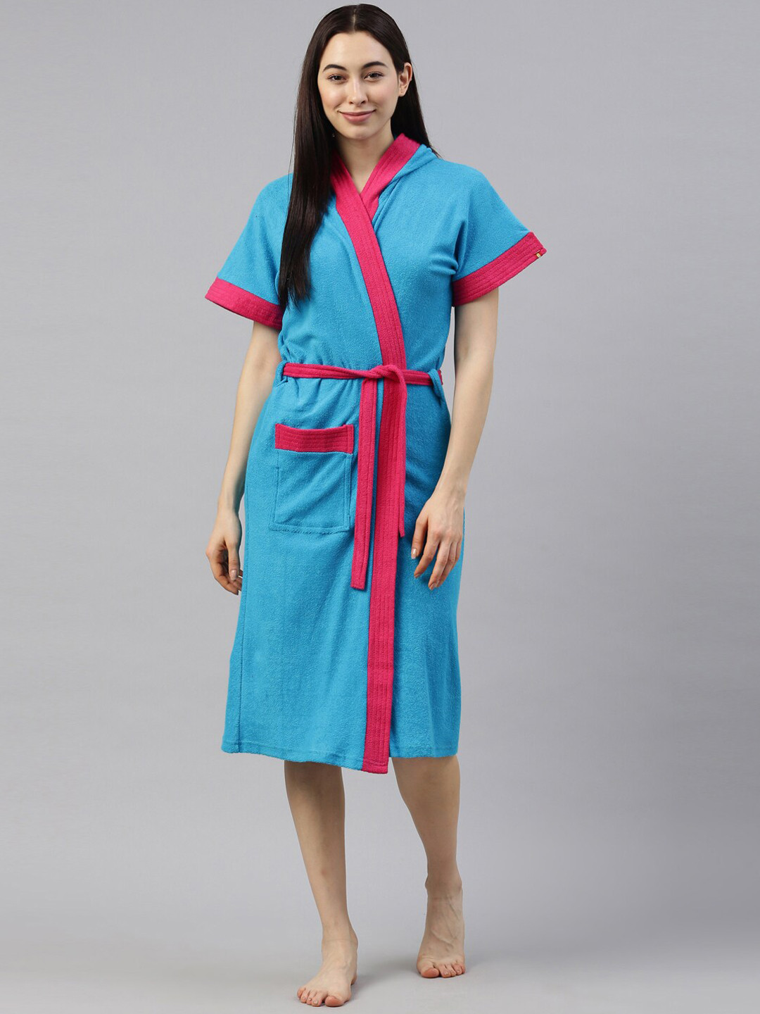 GOLDSTROMS Patti Blue Solid Cotton Drawstring Knee Length Bath Robe